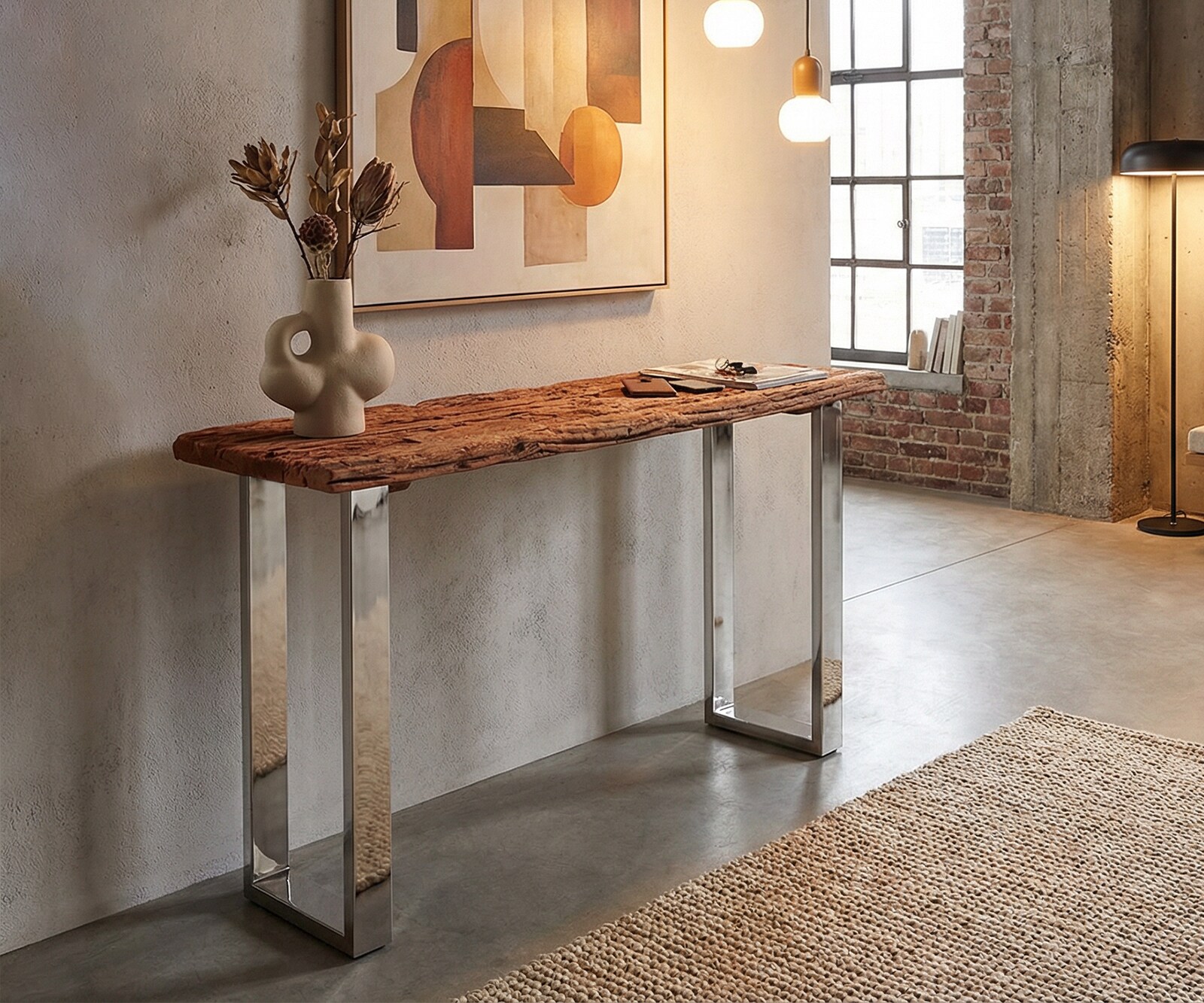 Konsole Gravio 140x40 Altholz Braun Gestell Edelstahl poliert