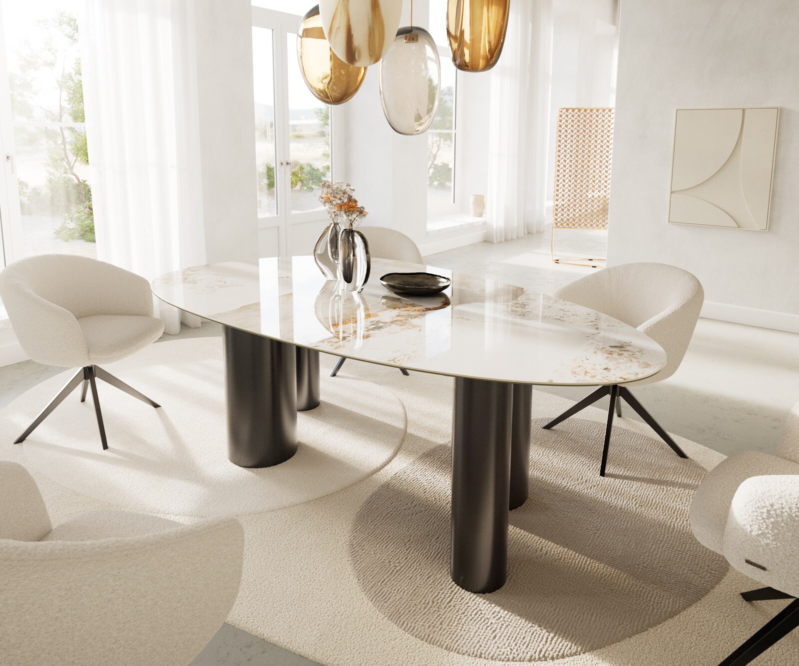 DELIFE Esstisch Edge Oval 220x120 Keramik Minas Melange Weiß-Beige Pilier Edelstahl Graphit