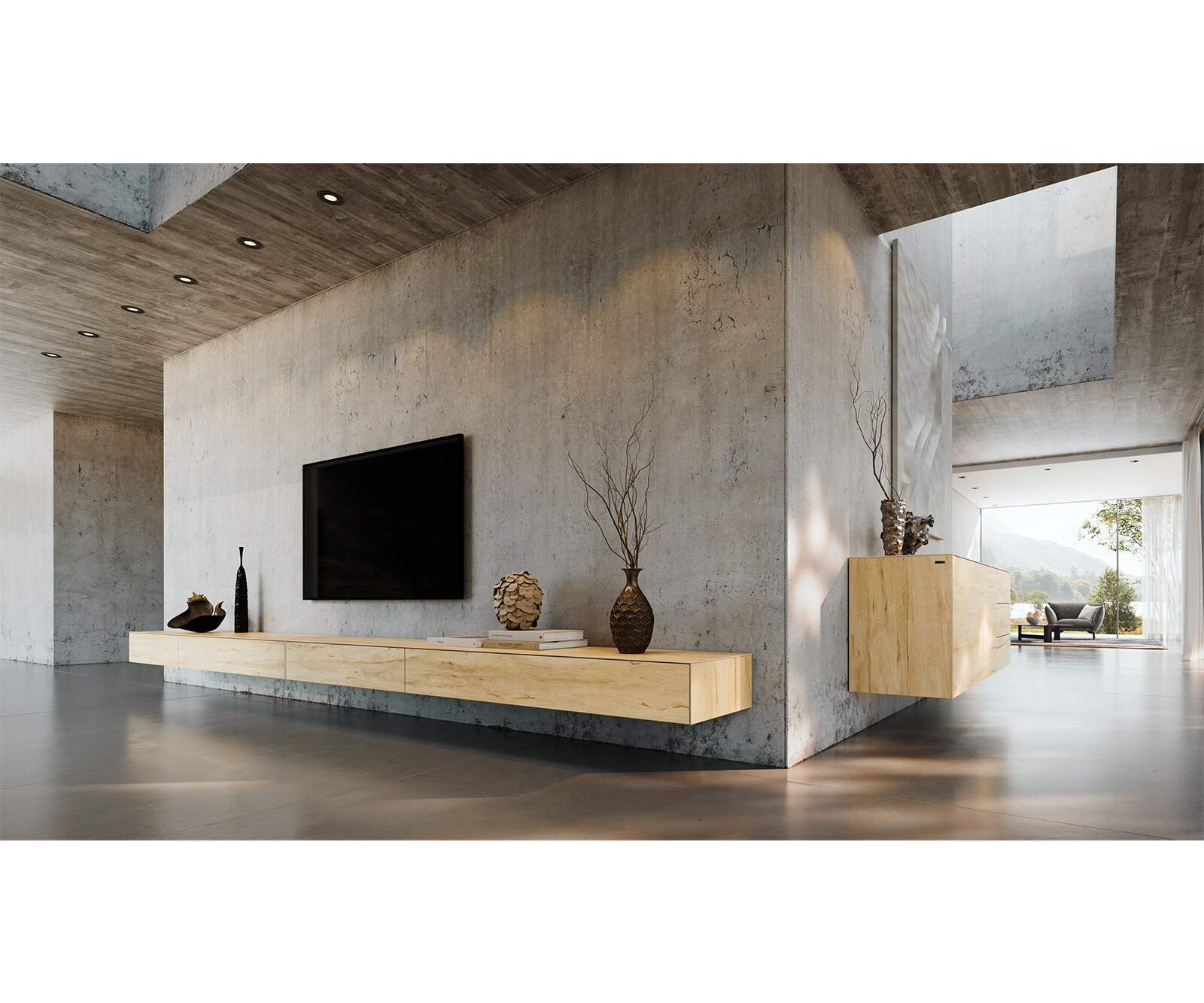 Lowboard Cuor 250 cm Keramik Laminam® Sabbia Eichefarbig 1 Klappe 1 Schubfach Fuß Schwebeoptik Edelstahl 7