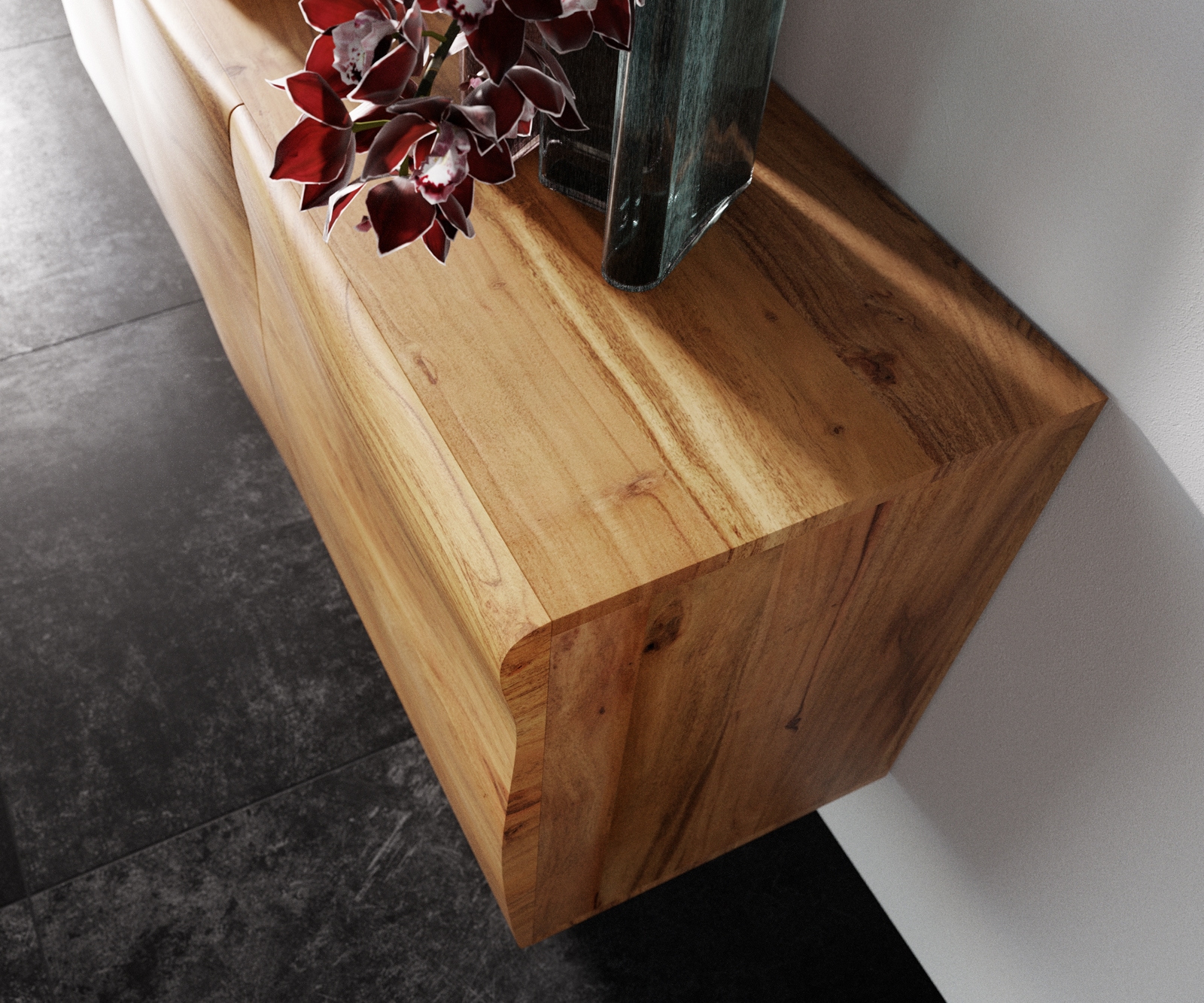 Sideboard New Live-Edge 145 cm Akazie Natur 3 Türen Kufe Edelstahl gebürstet 5