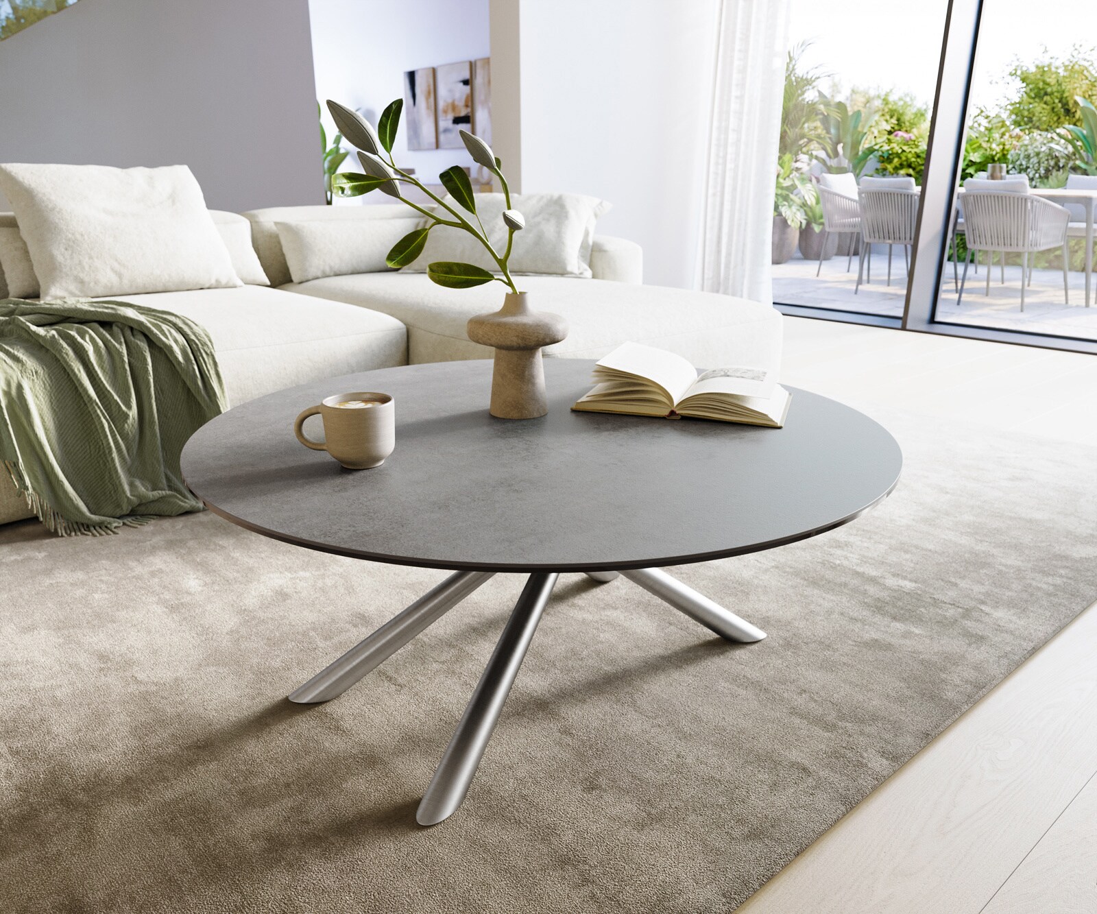 Couchtisch Edge Rund 100x100 cm Keramik Beton Grau Sarity Edelstahl gebürstet