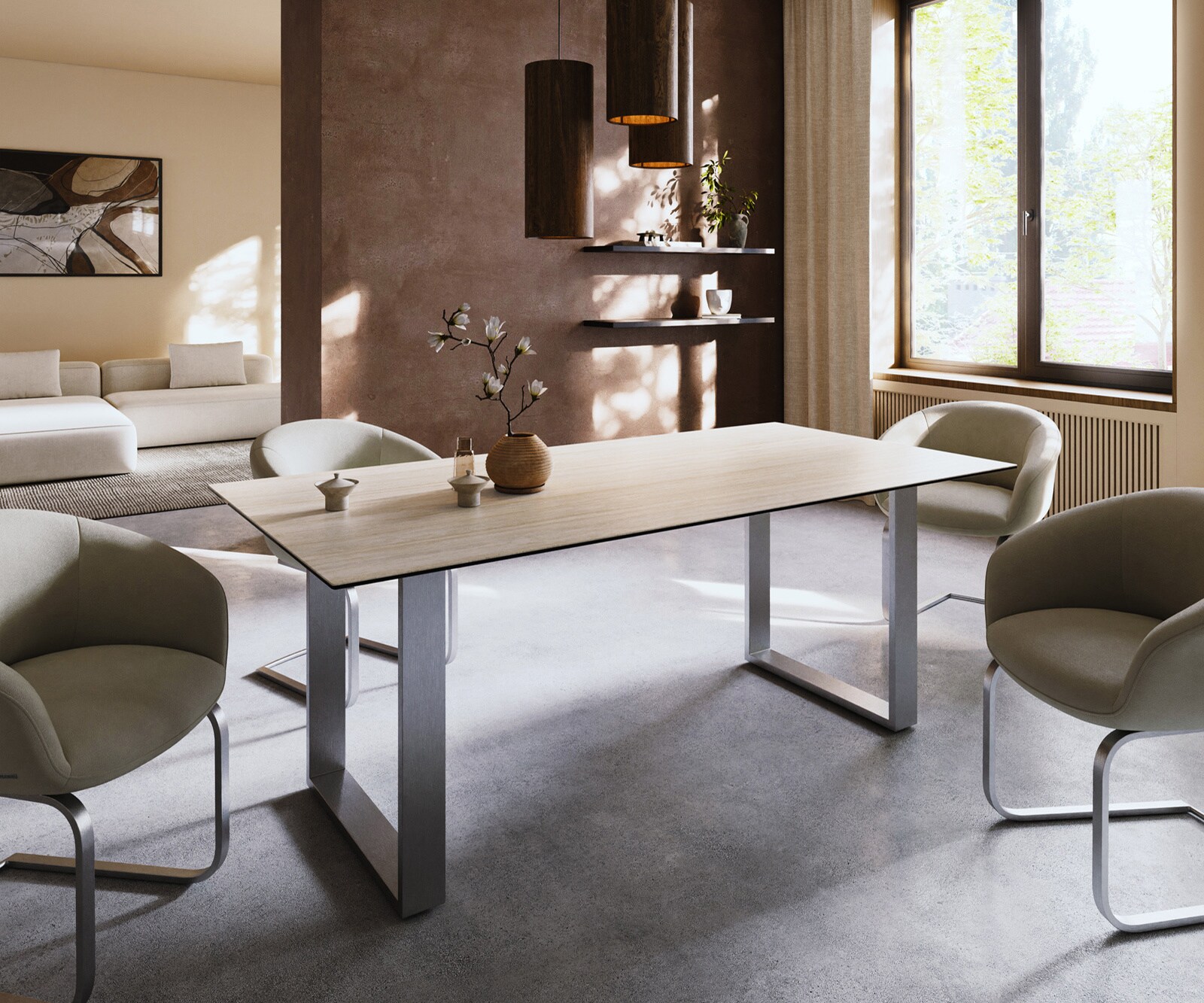 Esstisch Edge 200x100 Keramik Laminam® Travertino Bianco Creme-Weiß Edelstahl Schmal 2
