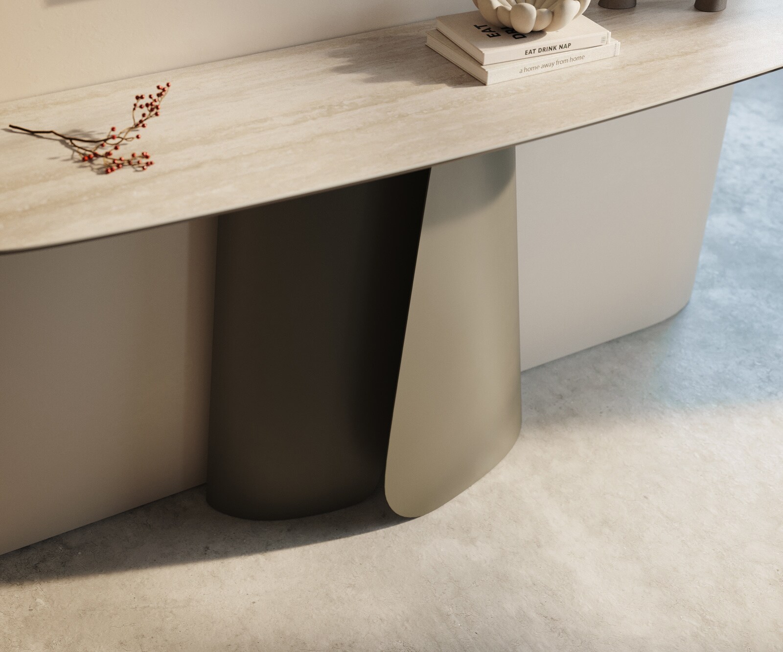 Konsolentisch Edge Boot 140x40 cm Keramik Laminam® Travertino Bianco Creme-Weiß Livos Metall Effektfinish Titan 5