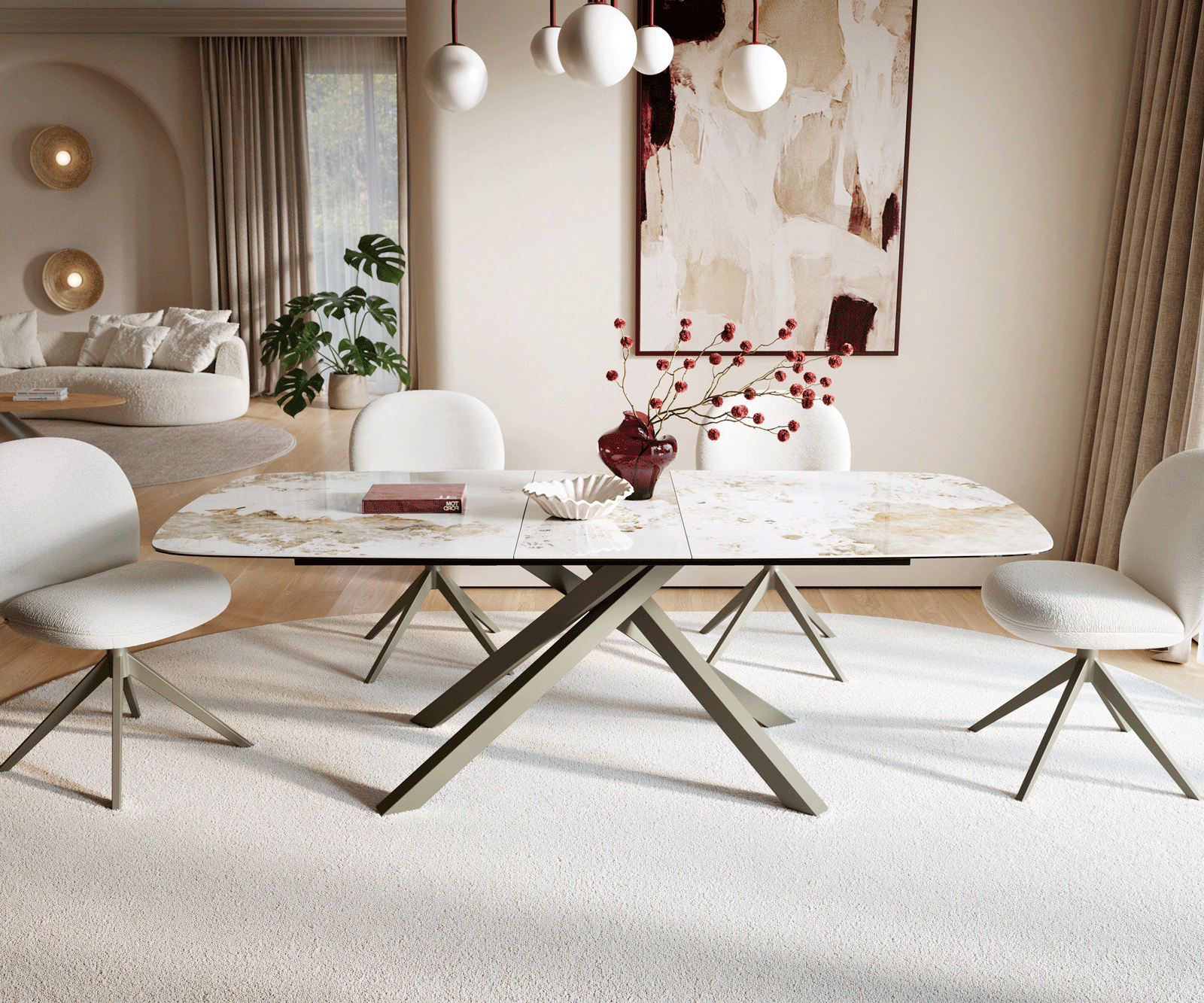 Esstisch Edge Boot 180-220x100 cm Keramik Minas Melange Weiß-Beige Kreuzgestell Rechteck Effektfinish Titan ausziehbar 1