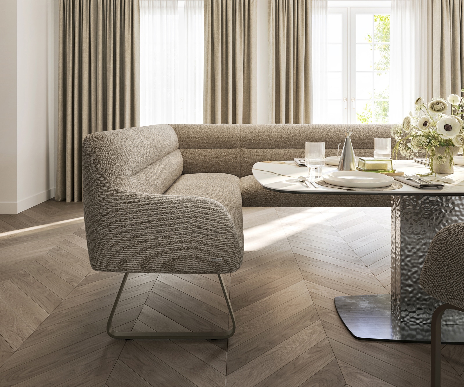 Esszimmerbank Taya-Flex 285x190 cm Bouclé Schlamm Kufengestell flach Effektfinish Titan Taschenfederkern Rechts 5