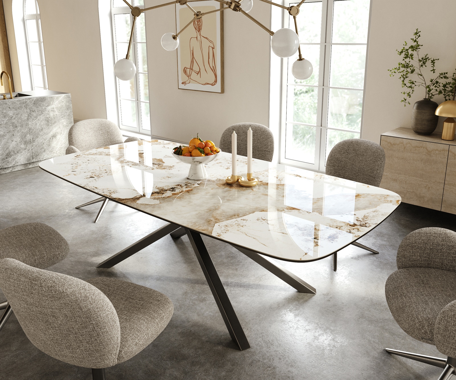 Esstisch Edge Boot 240x120 cm Keramik Minas Melange Weiß-Beige Kreuzgestell Rechteck Edelstahl Graphit