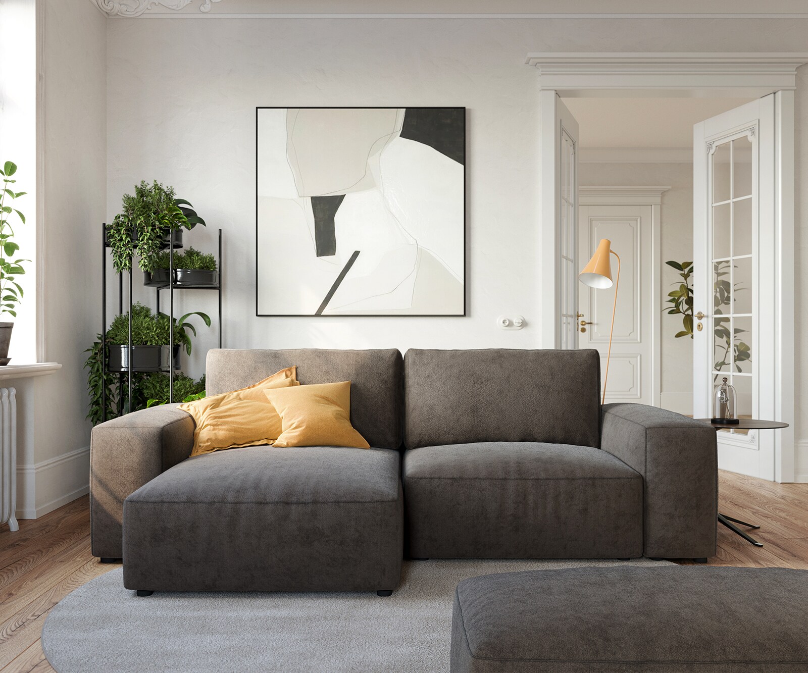 Ecksofa Lanzo 230x155 cm Mikrofaser Khakibraun Recamiere variabel mit Hocker 1