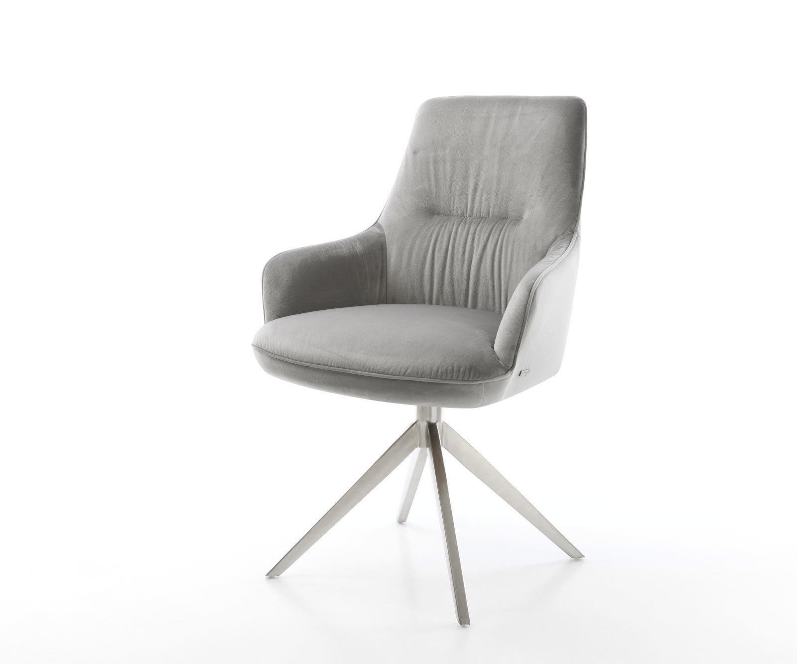 Drehstuhl Zelia-Flex mit Armlehnen Samt Grau Kreuzgestell breit Edelstahl 360° drehbar Wippfunktion Taschenfederkern 1