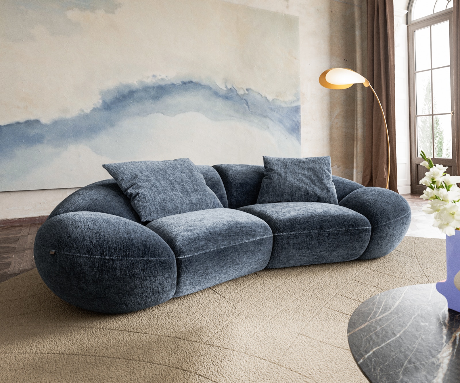 2-Sitzer Lunna 280x170 cm Chenille Blau 2 Kissen