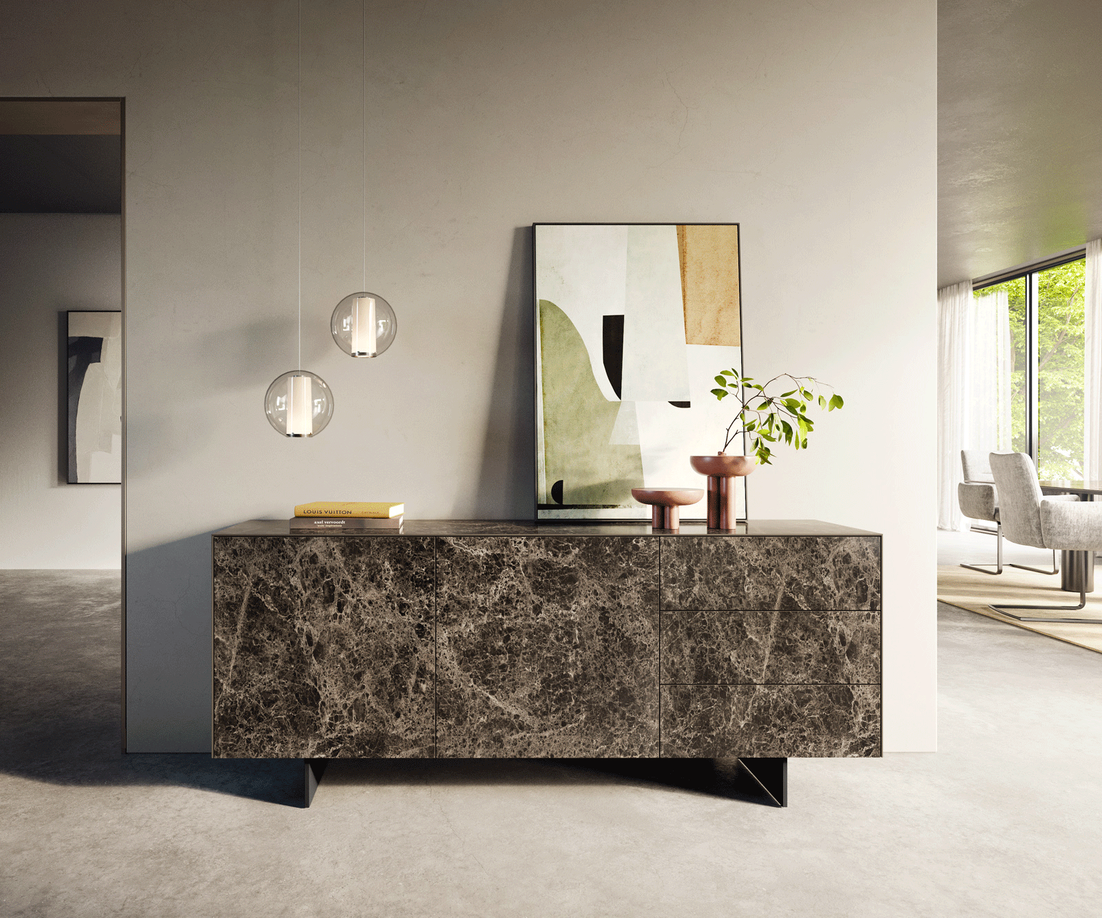 Sideboard Cuor 180 cm Keramik Laminam® Emperador Extra Lucidato Dunkelbraun 2 Türen 3 Schubfächer Fuß Schwebeoptik Metall Schwarz 1