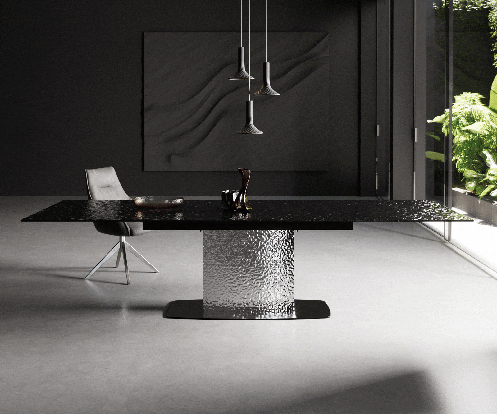 Esstisch Edge 200-300x100 Reliefglas Rauchschwarz 3D-Design Wave Edelstahl ausziehbar 1 Esstisch Edge 200-300x100 Reliefglas Rauchschwarz 3D-Design Wave Edelstahl ausziehbar 1