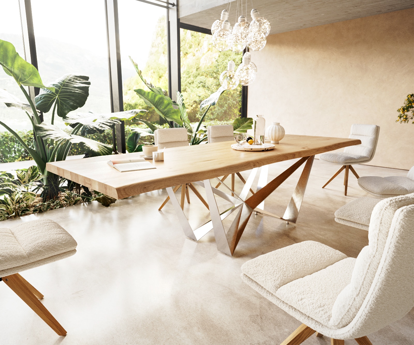 Esstisch Edge 300x100 Eiche Natur Spider Flachstahl Edelstahl Live-Edge 1