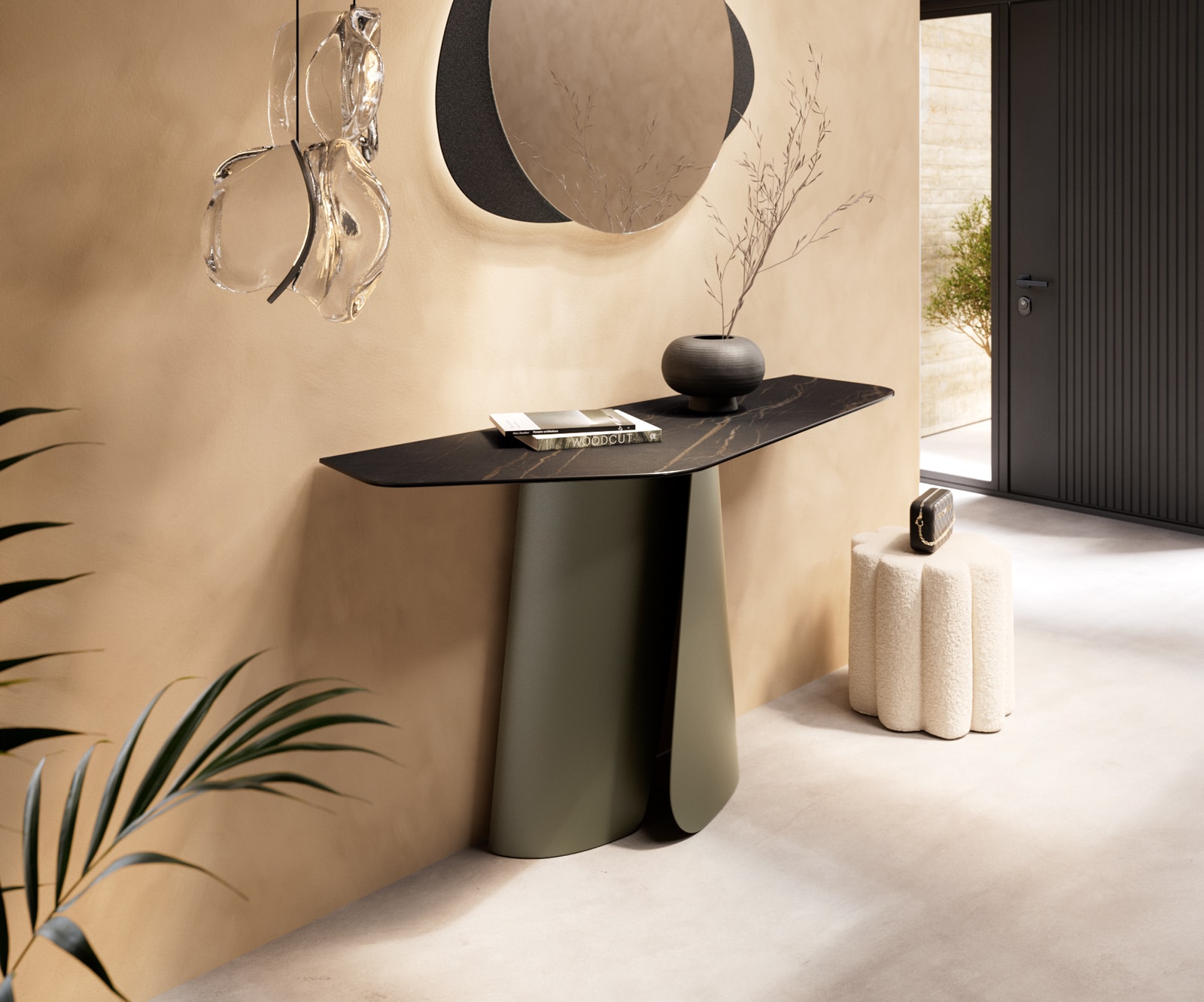 Konsolentisch Edge Polygonal 140x50 cm Keramik Laminam® Noir Desir Braun Livos Metall Effektfinish Titan