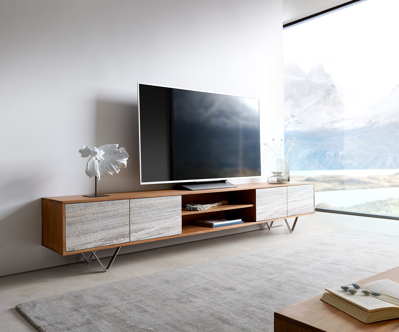 Lowboard Kleo Akazie Natur Echtsteinplatte weiss 3