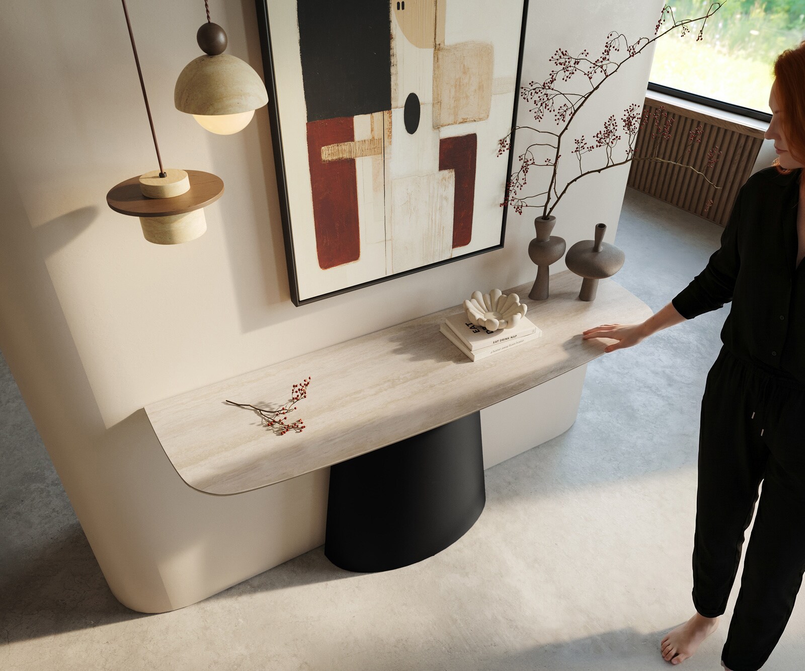 Konsolentisch Edge Boot 140x40 cm Keramik Laminam® Travertino Bianco Creme-Weiß Conos Metall Schwarz 1