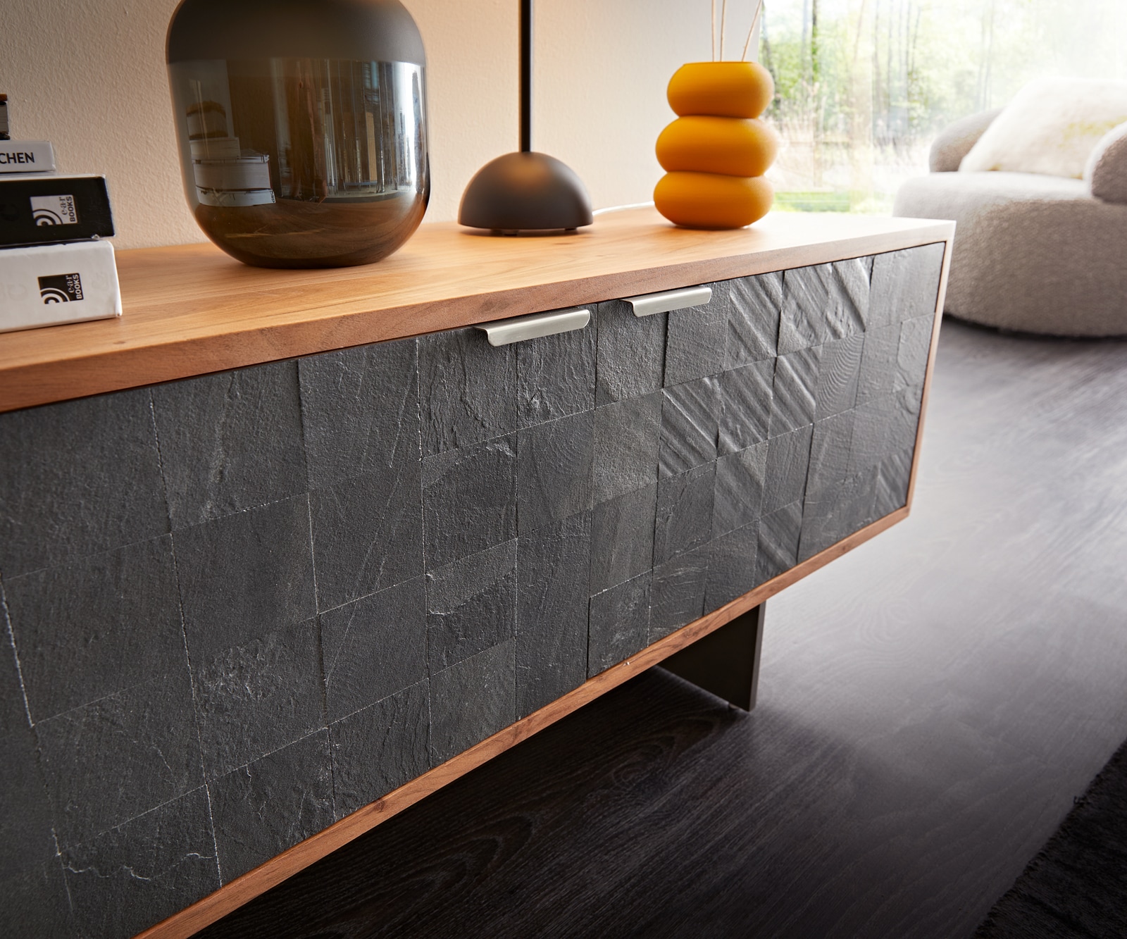 Lowboard Teele 200 cm Akazie Natur Schiefer 4 Türen Fuß schwebend Edelstahl 5 Lowboard Teele 200 cm Akazie Natur Schiefer 4 Türen Fuß schwebend Edelstahl 5
