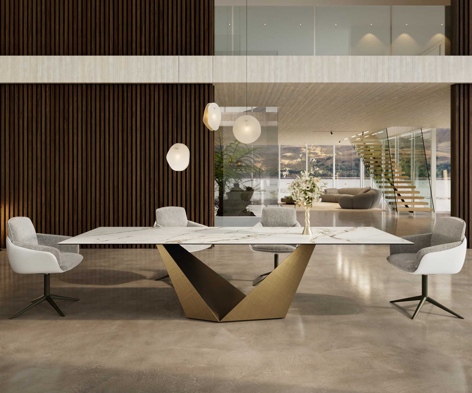 Esstisch Edge 300x100 Keramik Calacatta Luxe Weiß-Gold-Grau Prisma Metallic Gold