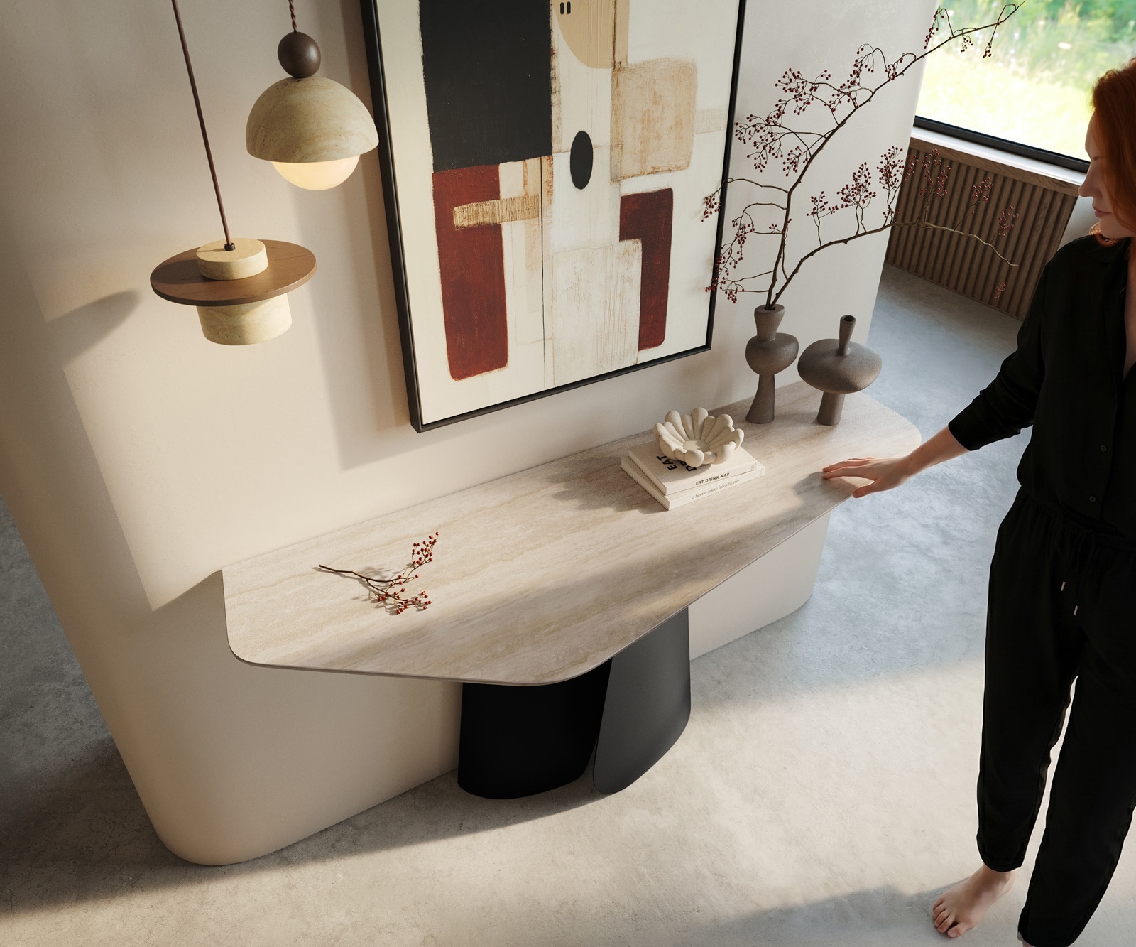 Konsolentisch Edge Polygonal 140x50 cm Keramik Laminam® Travertino Bianco Creme-Weiß Livos Metall Schwarz 2
