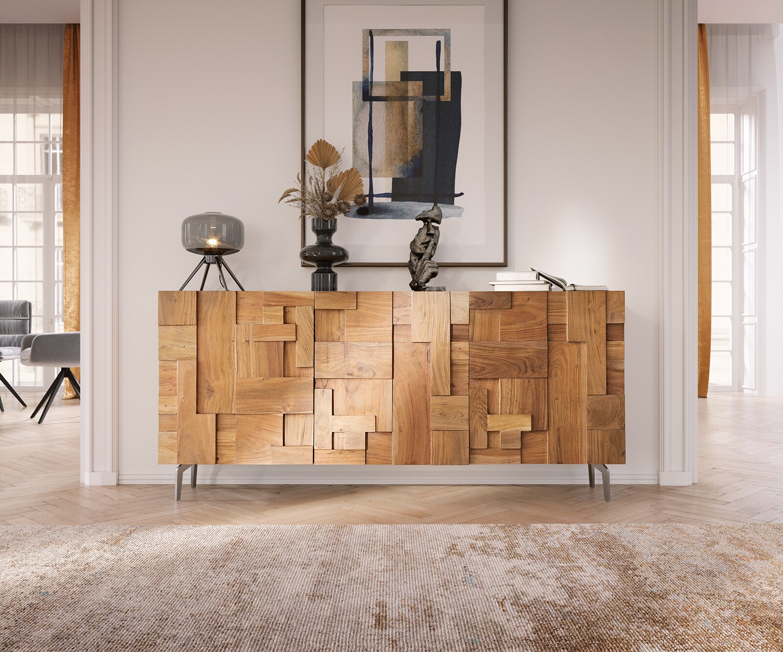 Sideboard Puzzle 175 cm Akazie Natur 3 Türen Winkelfuß Edelstahl 1