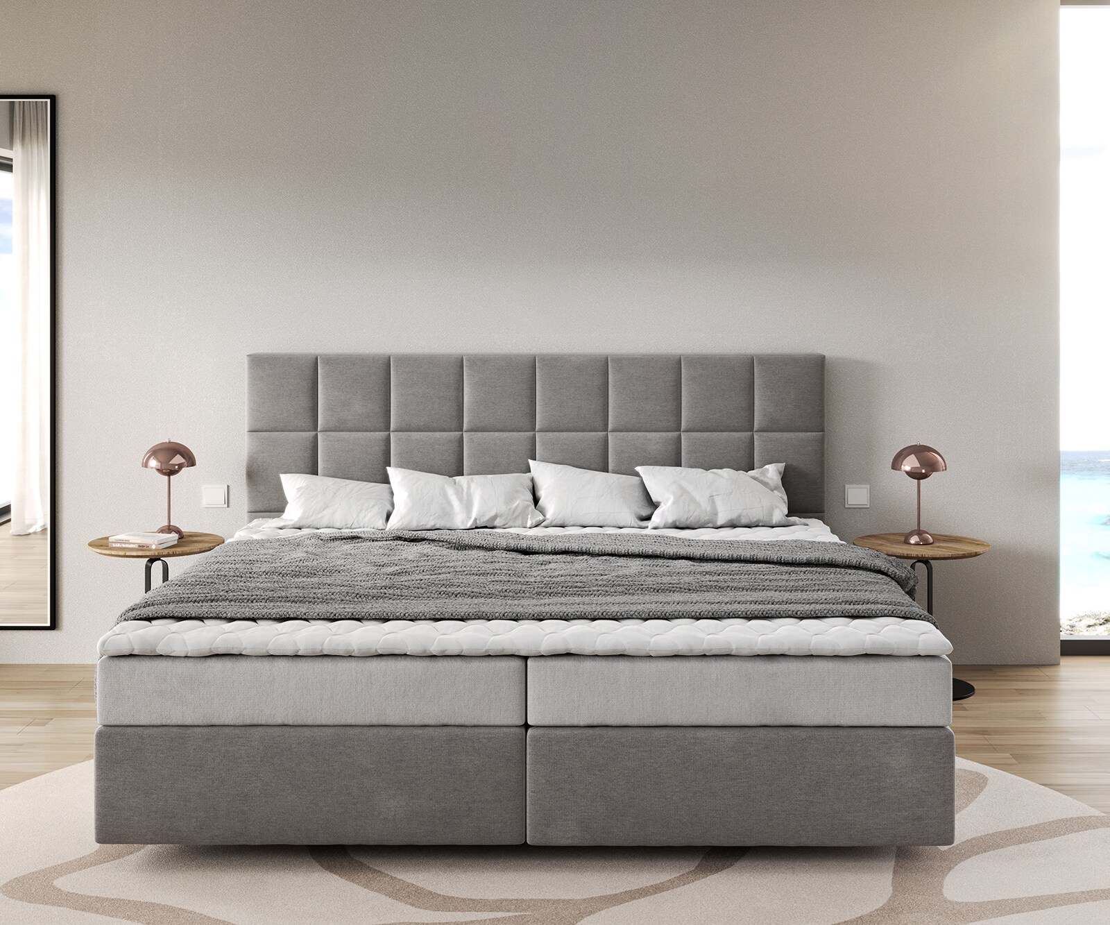 Boxspringbett Dream-Fine Mikrofaser Grau 200x200 cm Bonell-Matratze PU-Topper 1