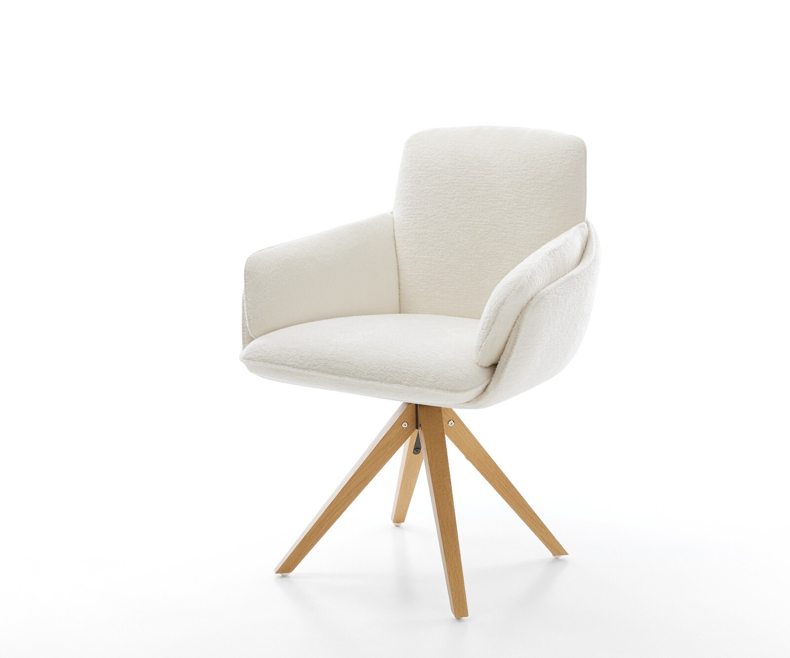 Drehstuhl Luan-Flex mit Armlehnen Bouclé Soft Beige Holzgestell kantig Natur 360° drehbar