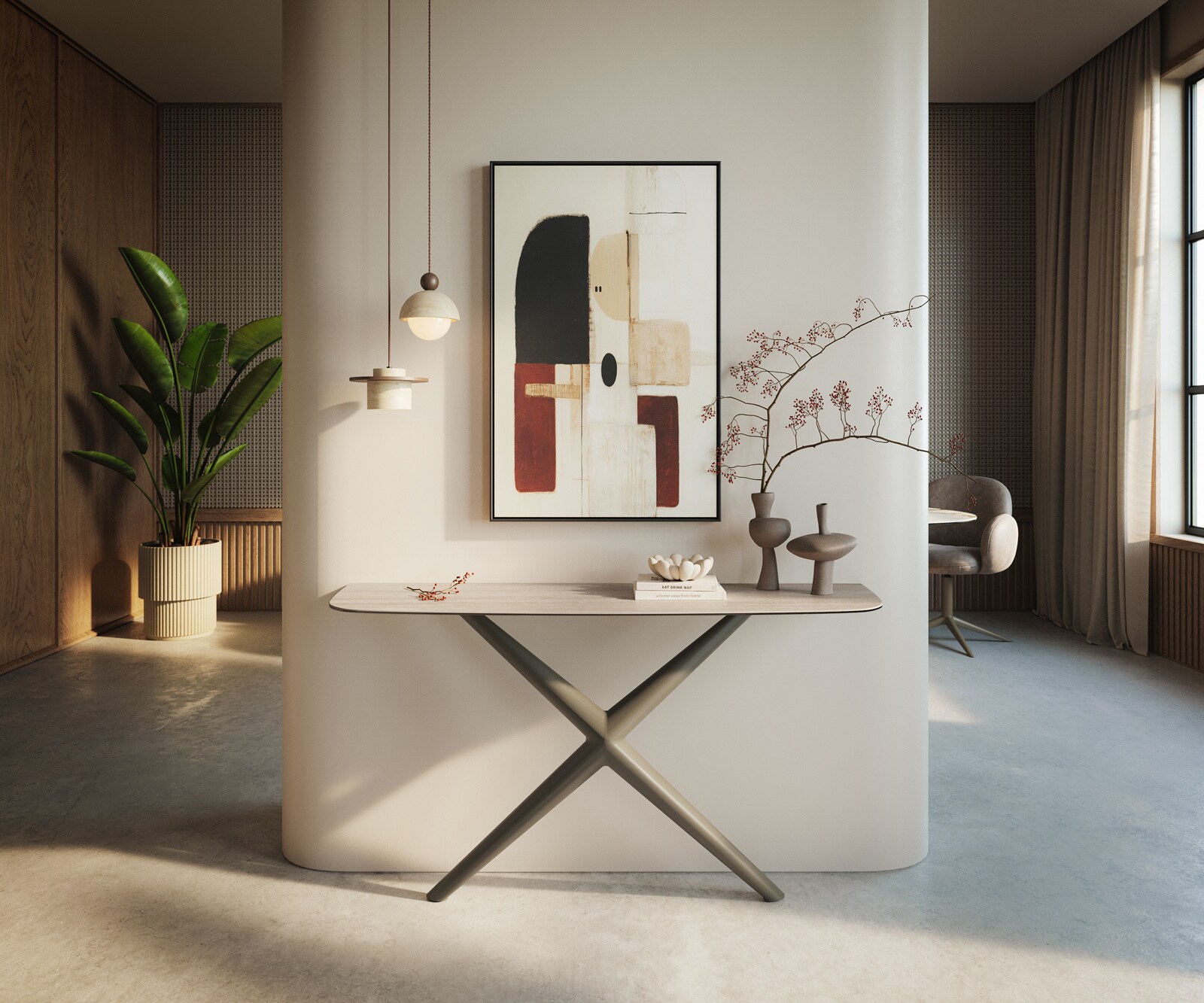 DELIFE Konsolentisch Edge Boot 140x40 cm Keramik Laminam Travertino Bianco Creme-Weiß Estelo Metall Effektfinish Titan, Konsolentische - B140 x T40 x