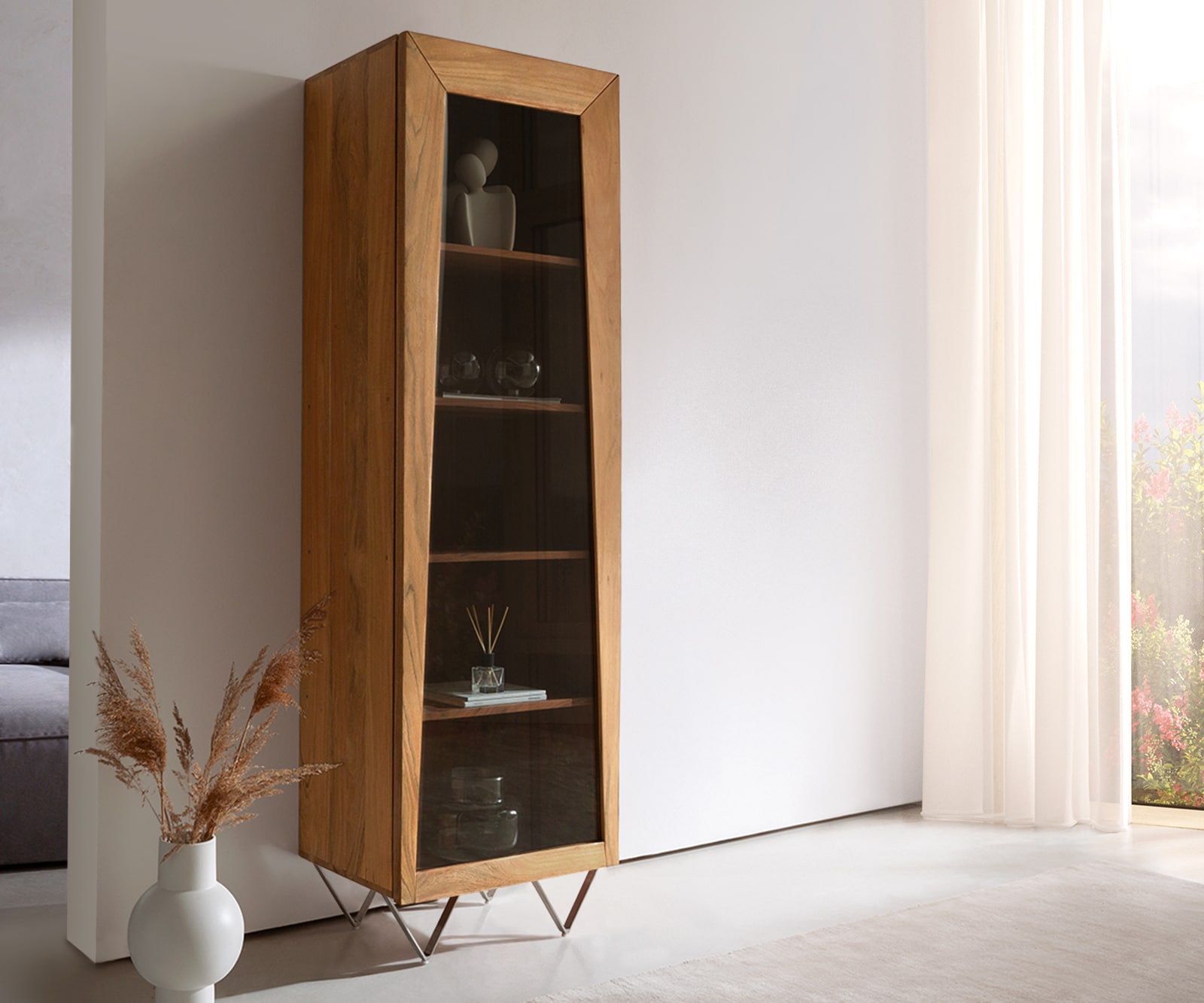 Highboard Kayu 55x180 cm Akazie Natur Vitrine 1 Tür V-Fuß Highboard Kayu 55x180 cm Akazie Natur Vitrine 1 Tür V-Fuß