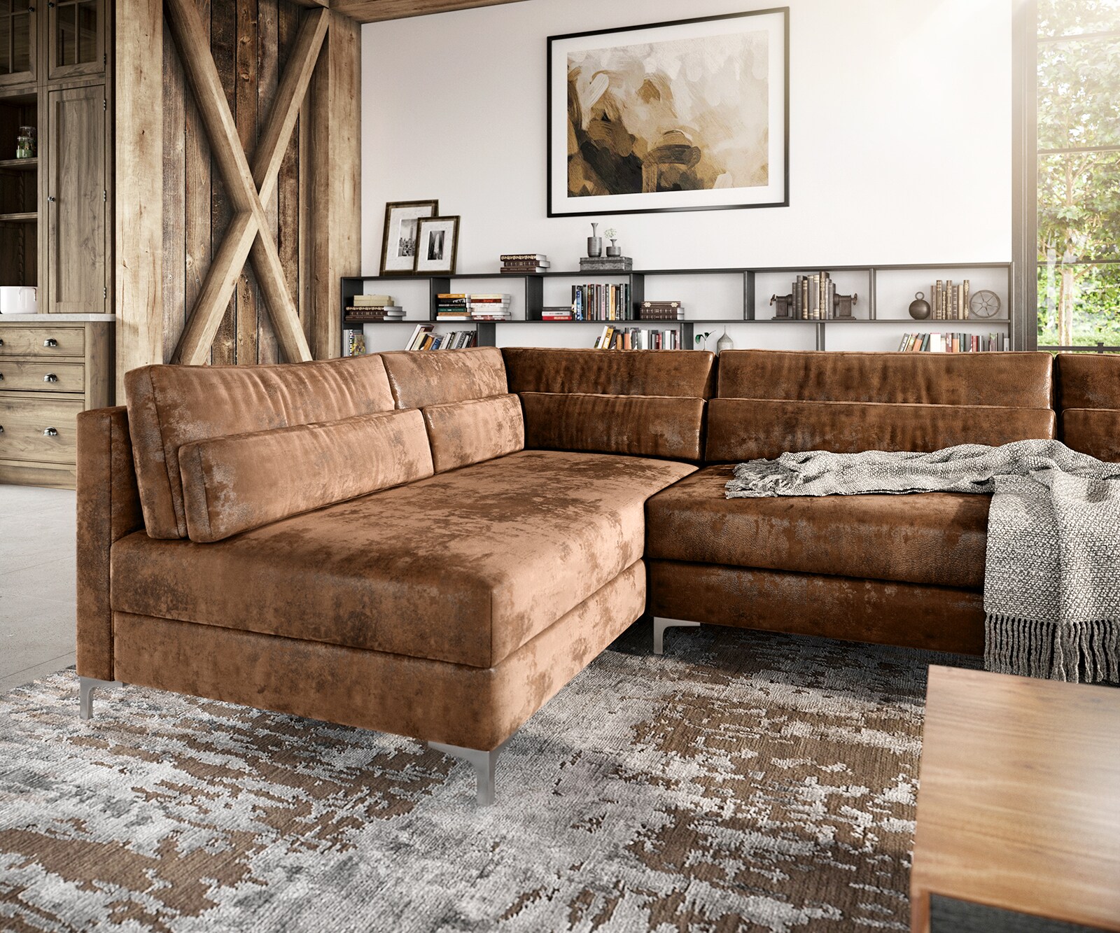 Wohnlandschaft Elio 300x185 cm Lederimitat Vintage Braun Antik mit Hocker 4