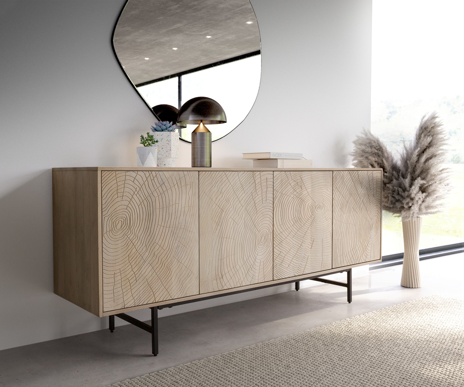 Sideboard Wiara 180 cm Mango White Wash Metall Schwarz 4 Türen