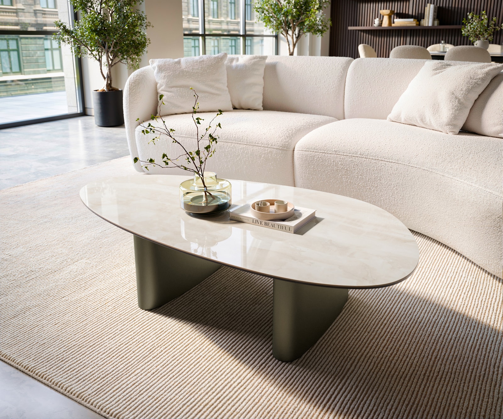 Couchtisch Edge Oval 140x75 cm Keramik Onyx Champagne Ovada Effektfinish Titan 3