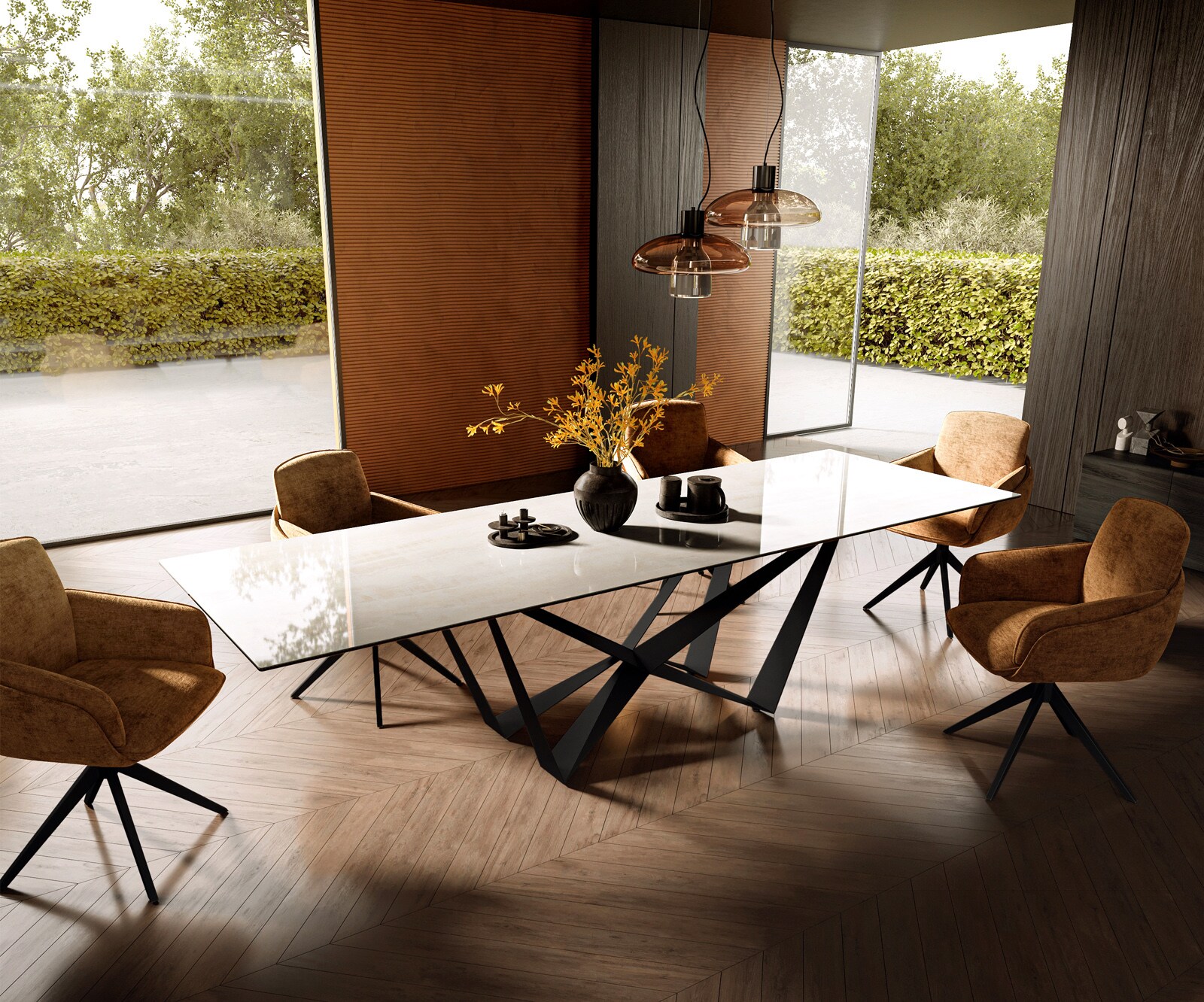 Esstisch Edge 300x100 cm Keramik Onyx Champagne Spider Flachstahl Schwarz 7