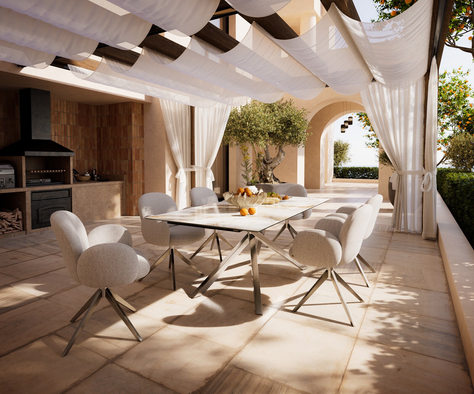 Outdoortisch Edge 200x100 cm Keramik Minas Melange Weiß-Beige Kreuzgestell Rechteck Edelstahl 6