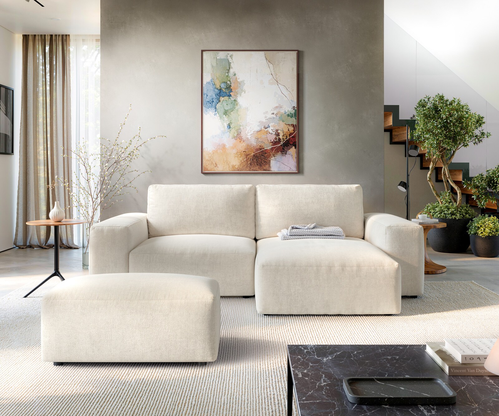 Ecksofa Lanzo 230x155 cm Strukturstoff Soft Beige Recamiere variabel mit Hocker 1
