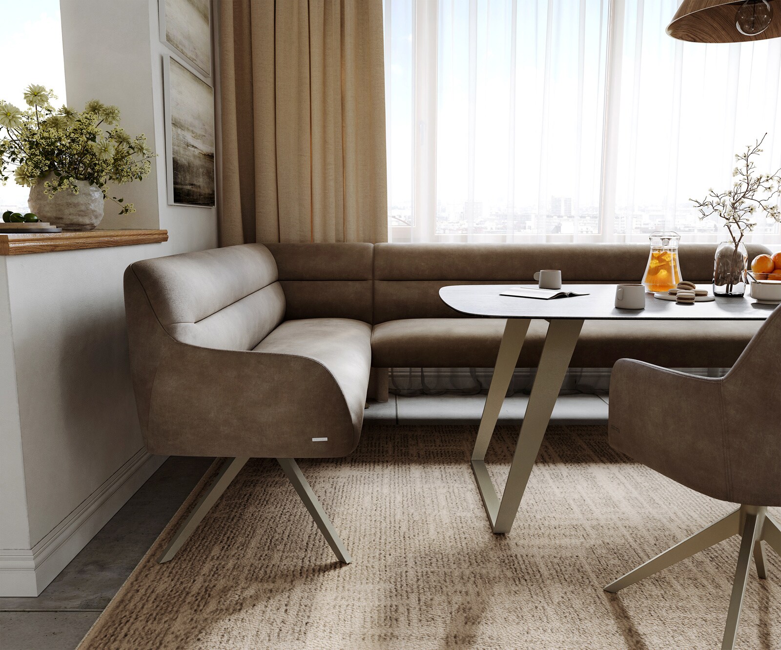 Esszimmerbank Taya-Flex 285x190 cm Mikrofaser Taupe Vintage Kreuzgestell kantig Effektfinish Titan Taschenfederkern Rechts 4