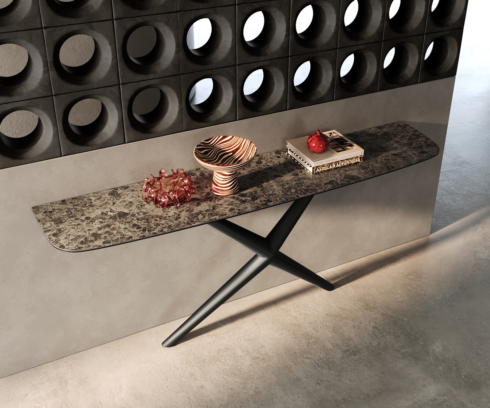 Konsolentisch Edge Boot 180x40 cm Keramik Emperador Extra Lucidato Dunkelbraun Estelo Metall Schwarz 1