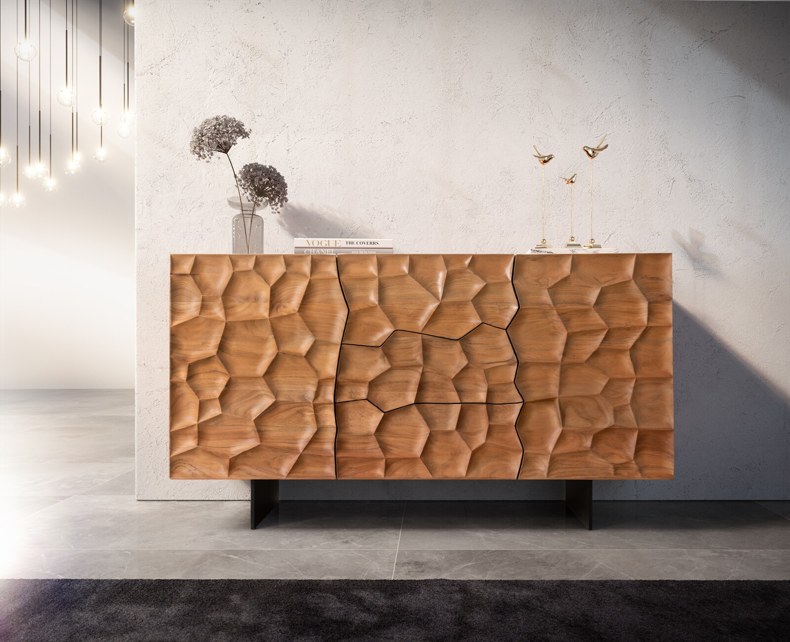 Sideboard Solu 145 cm Akazie Natur 2 Türen 3 Schübe Fuß schwebend Metall Schwarz 3D-Front 1