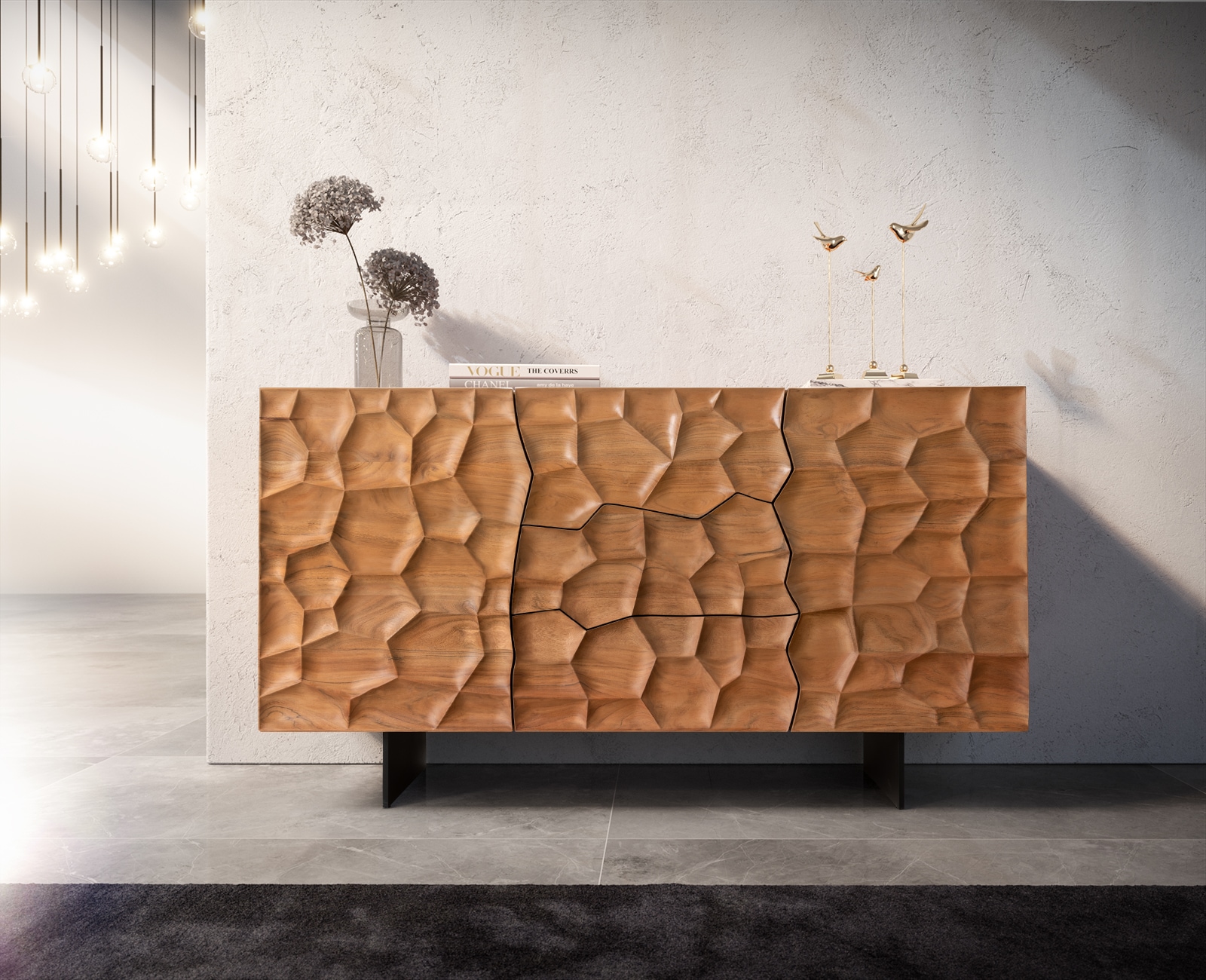 Sideboard Solu Akazie Natur mit 2 Türen und 3 Schüben – Akazie, Schwarz