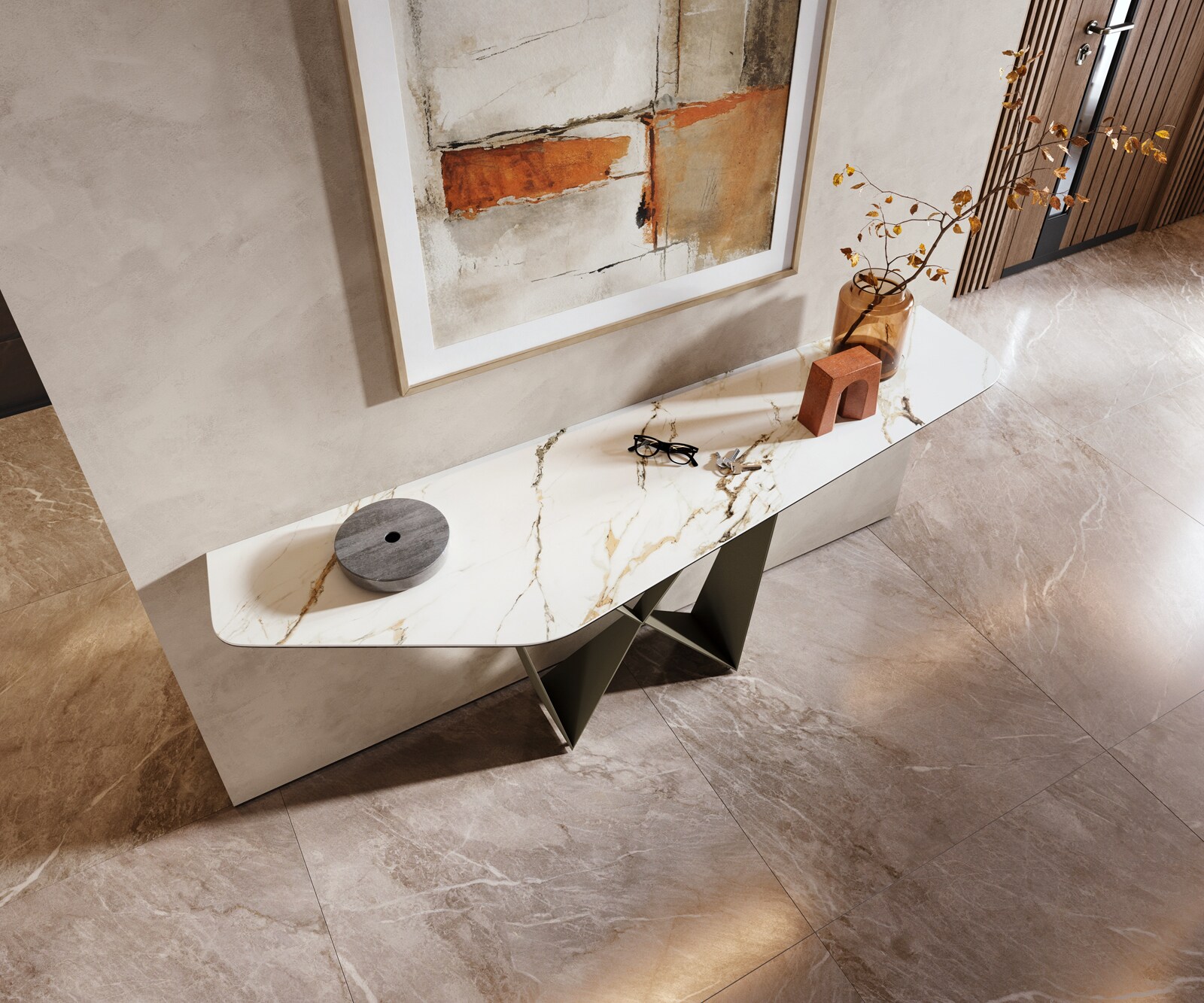 Konsolentisch Edge Polygonal 180x50 cm Keramik Calacatta Luxe Weiß-Gold-Grau Spios Metall Effektfinish Titan 2