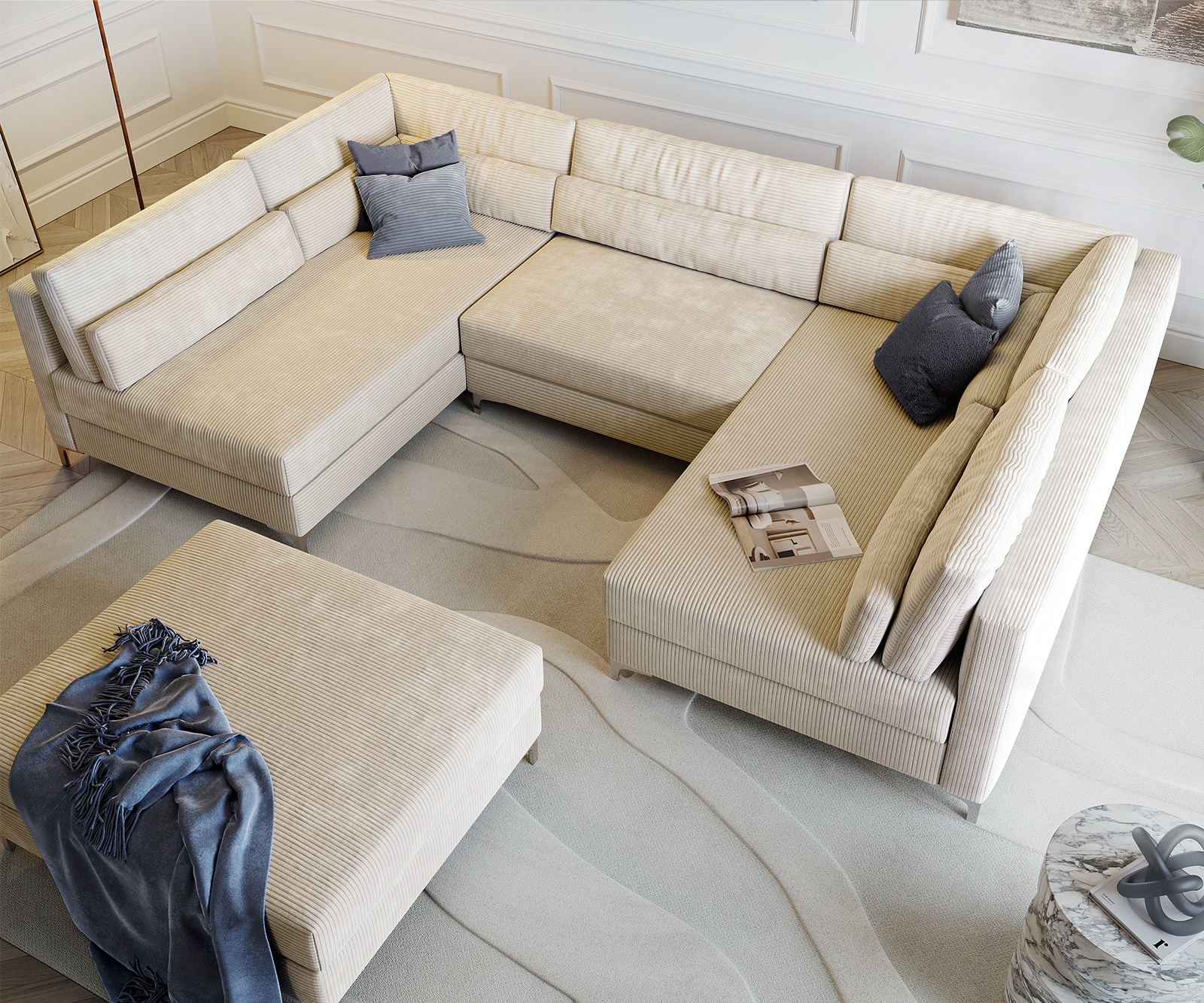 Wohnlandschaft Elio 300x185 cm Cord Beige mit Hocker 3 Wohnlandschaft Elio 300x185 cm Cord Beige mit Hocker 3