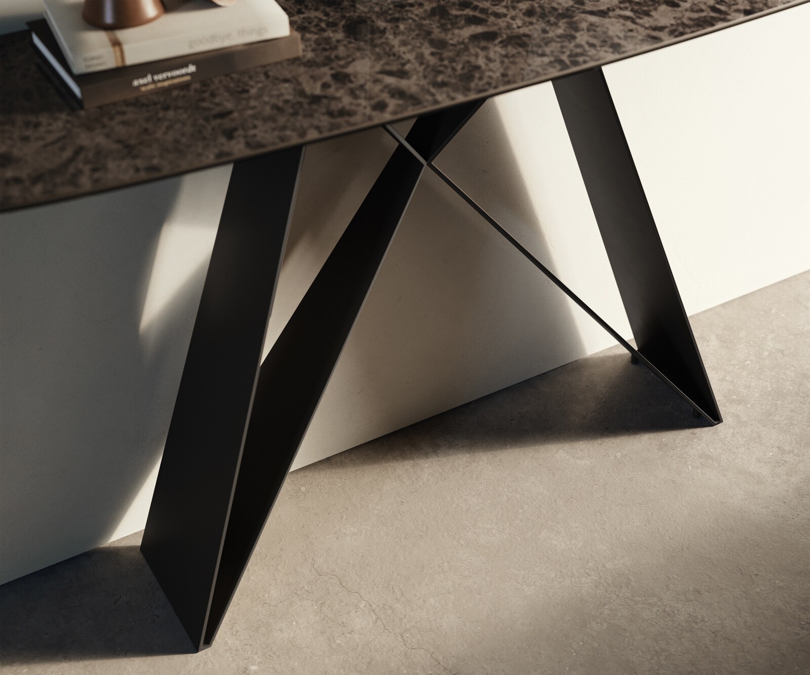Konsolentisch Edge Boot 140x40 cm Keramik Emperador Extra Lucidato Dunkelbraun Velio Metall Schwarz 5