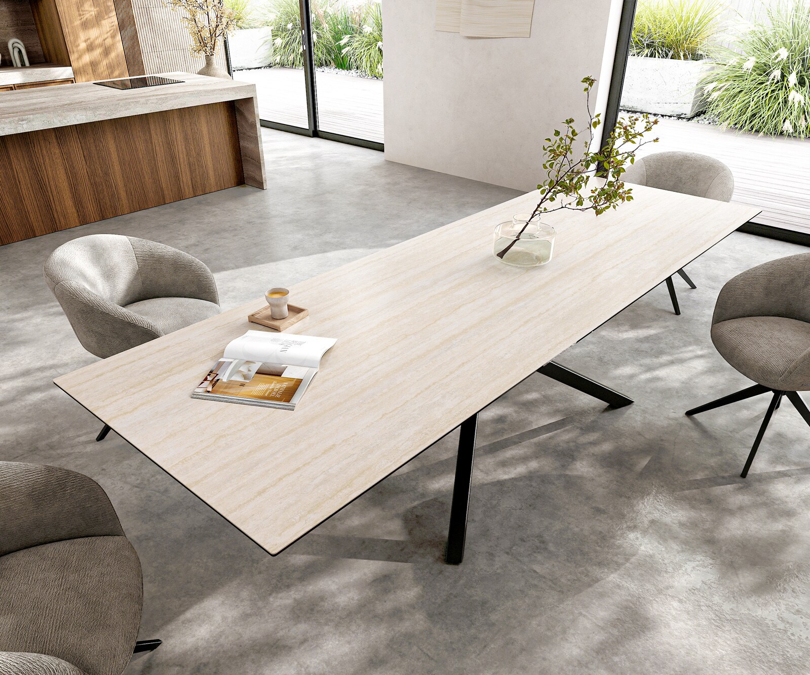Esstisch Edge 300x100 cm Keramik Laminam®Travertino Bianco Creme-Weiß Kreuzgestell Rechteck Schwarz 3