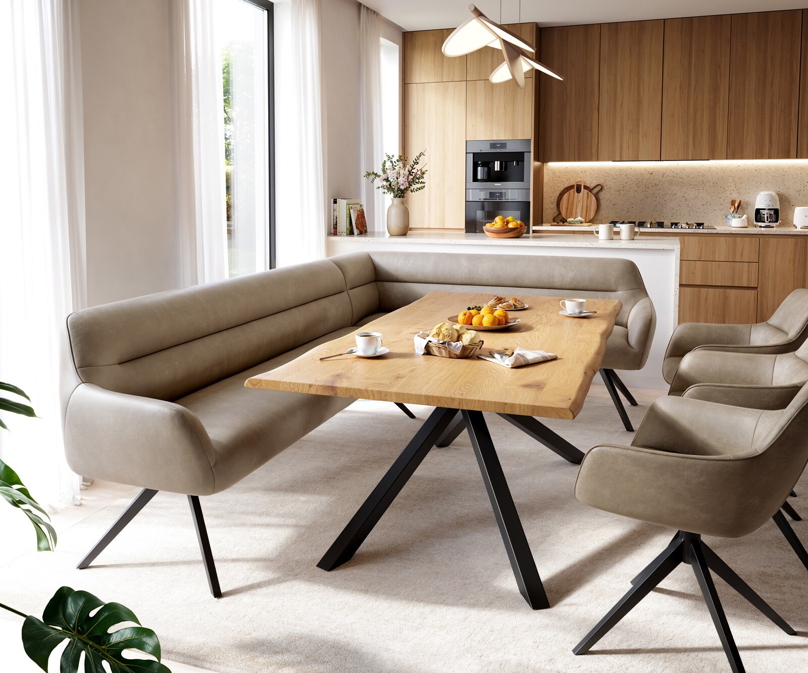 Esszimmerbank Taya-Flex 285x190 cm Mikrofaser Beige Vintage Kreuzgestell kantig Schwarz Taschenfederkern Links 1