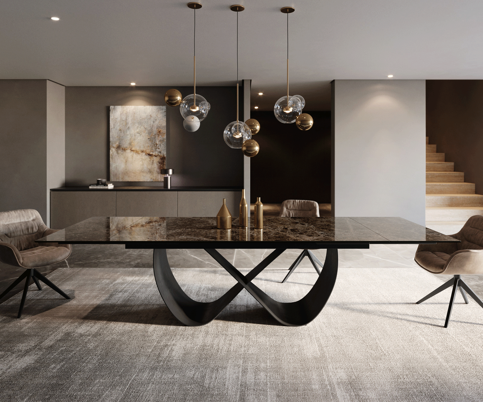 Esstisch Edge 200-300x100 Keramik Emperador Extra Lucidato Dunkelbraun Infinity Metall Schwarz ausziehbar 1