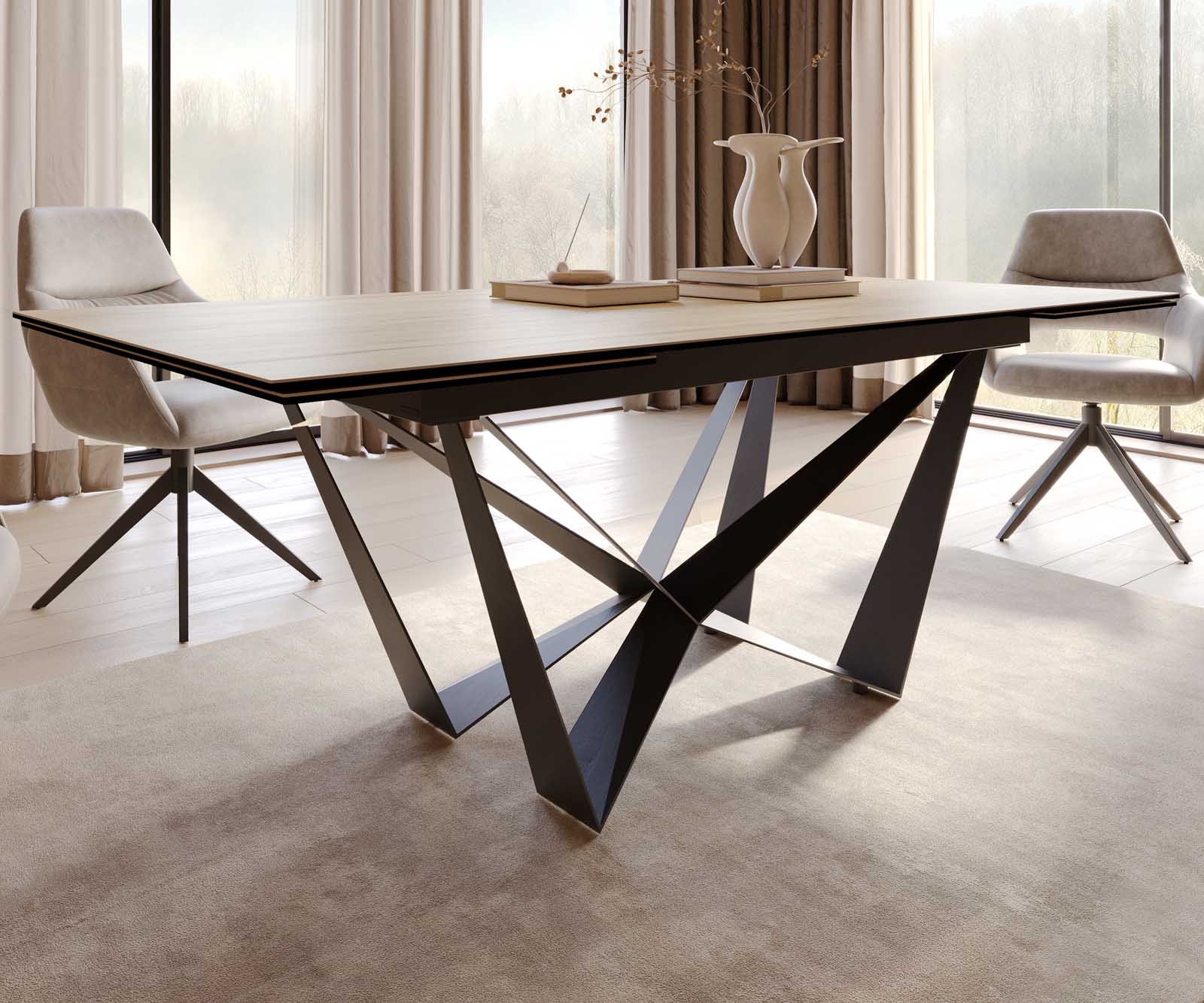 Esstisch Edge 200-300x100 Keramik Laminam® Sabbia Eichefarbig Spider Flachstahl Schwarz ausziehbar 6