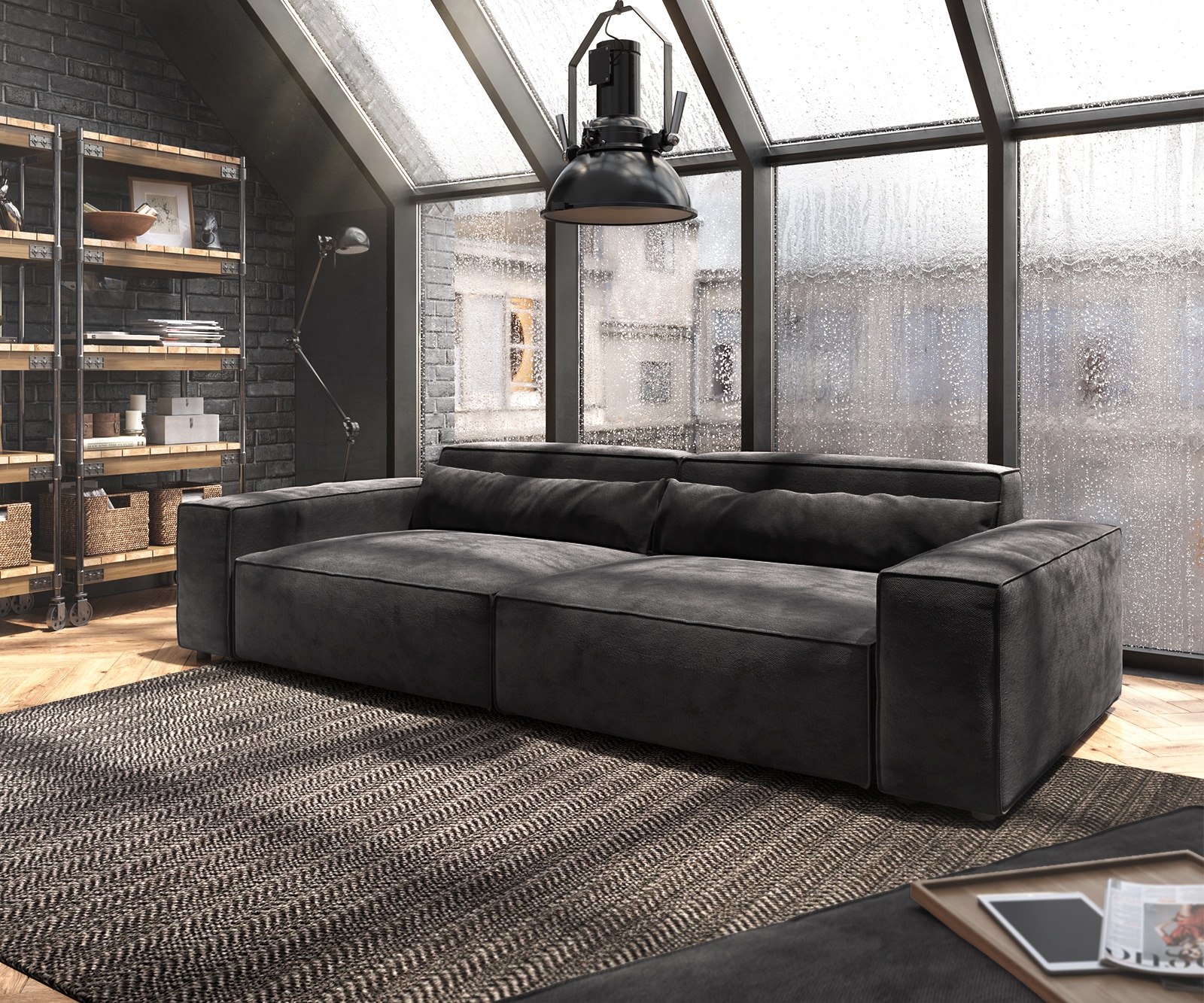 Big-Sofa Sirpio XL 270x130 cm Mikrofaser Schwarz mit Hocker Big-Sofa Sirpio XL 270x130 cm Mikrofaser Schwarz mit Hocker