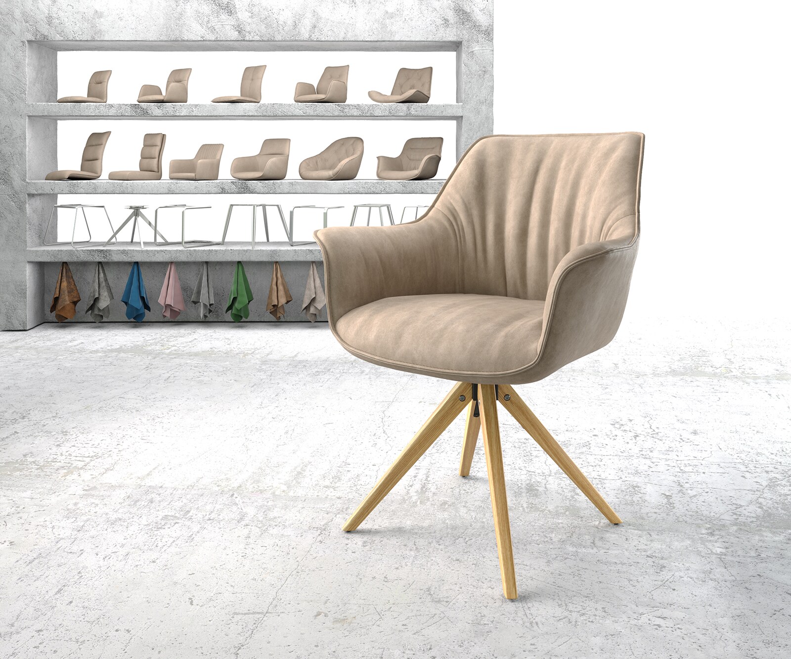 Drehstuhl Keila-Flex mit Armlehnen Beige Vintage Holzgestell kantig 180° drehbar