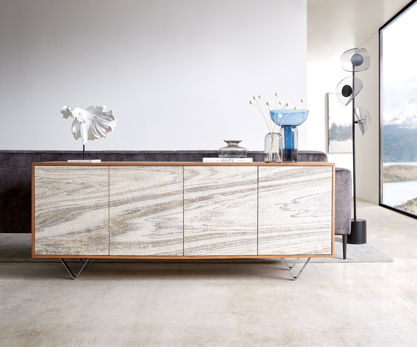 Sideboard Kleo 175 cm Akazie Natur 4 Türen V-Fuß Edelstahl 1