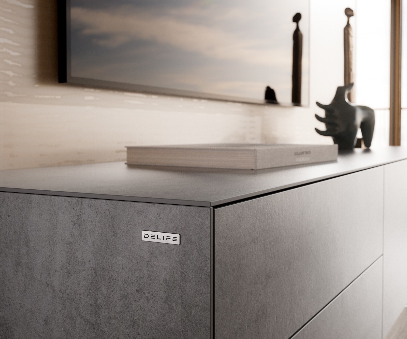 Lowboard Cuor 180 cm Keramik Beton Grau 1 Klappe 2 Schubfächer Fuß Schwebeoptik Acrylglas 5