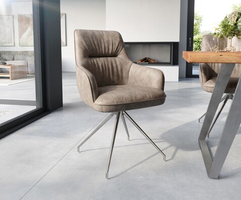 Esszimmerstuhl Zelia-Flex mit Armlehnen Mikrofaser Taupe Vintage Kreuzgestell konisch Edelstahl Taschenfederkern