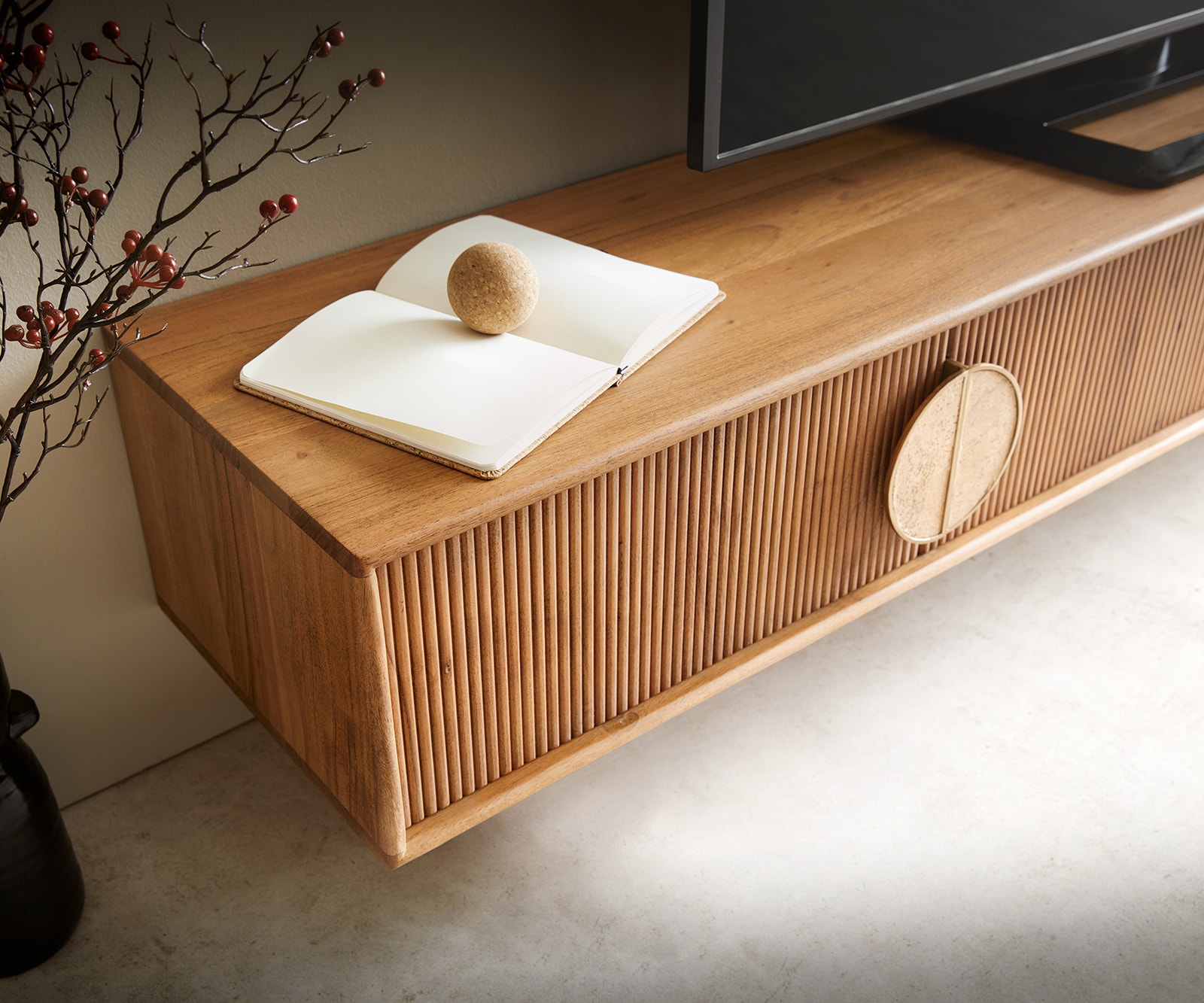 Lowboard Surimu 200 cm Akazie Hellbraun 4 Türen Kork-Griff schwebend 6 Lowboard Surimu 200 cm Akazie Hellbraun 4 Türen Kork-Griff schwebend 6